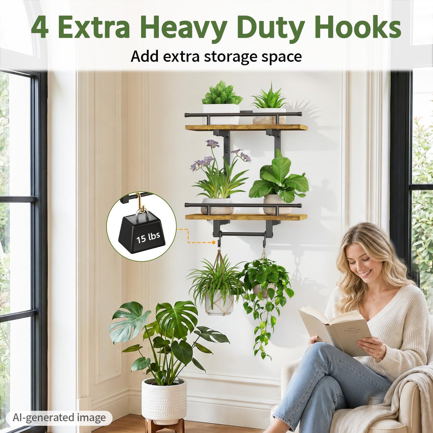 LASZOLA Floating Plant Shelves Holder Wall Mounted Indoor with Grow Lights, 2 Pack Plant Hangers Stand with 4 Hooks, Metal and Wood Flower Hanging Display for Living Room Kitchen Bathroom Decor, Brown
