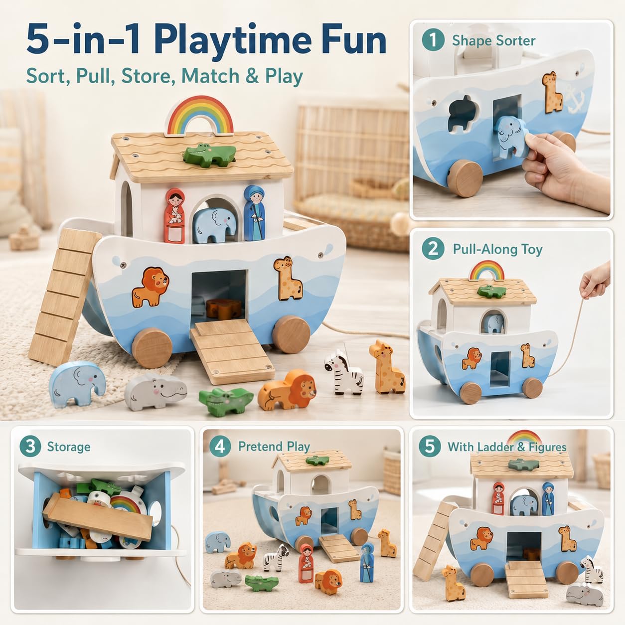 Thirrni Wooden Noah’s Ark Toy for Toddlers 1-3, Montessori Animal Shape Sorter with 8 Pairs of Animals, Noah Figures, Rainbow, Ladder and Lacing Rope, Baptism Birthday Christian Gift for Boys Girls