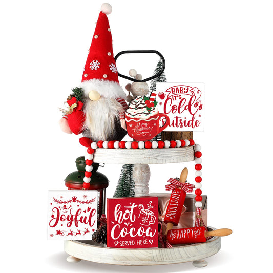 8 Pcs Christmas Tiered Tray Decor Includes 1 Pc Christmas Gnomes Plush Balls 4 Pcs Small Wooden Signs 2 Pcs Decorative Mini Rolling Pins 1pc Wood Holiday Bead Garland for Table Home Kitchen Decor