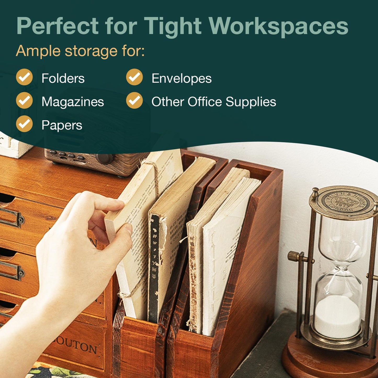 Small Wooden Vertical Magazine Holder - File Organizer for Desk - Upright Paper Organizer, File Holder, Desktop Shelf Bookends - Desktop Organizer for Magazines, Papers, Folders for Documents (1-Pack)