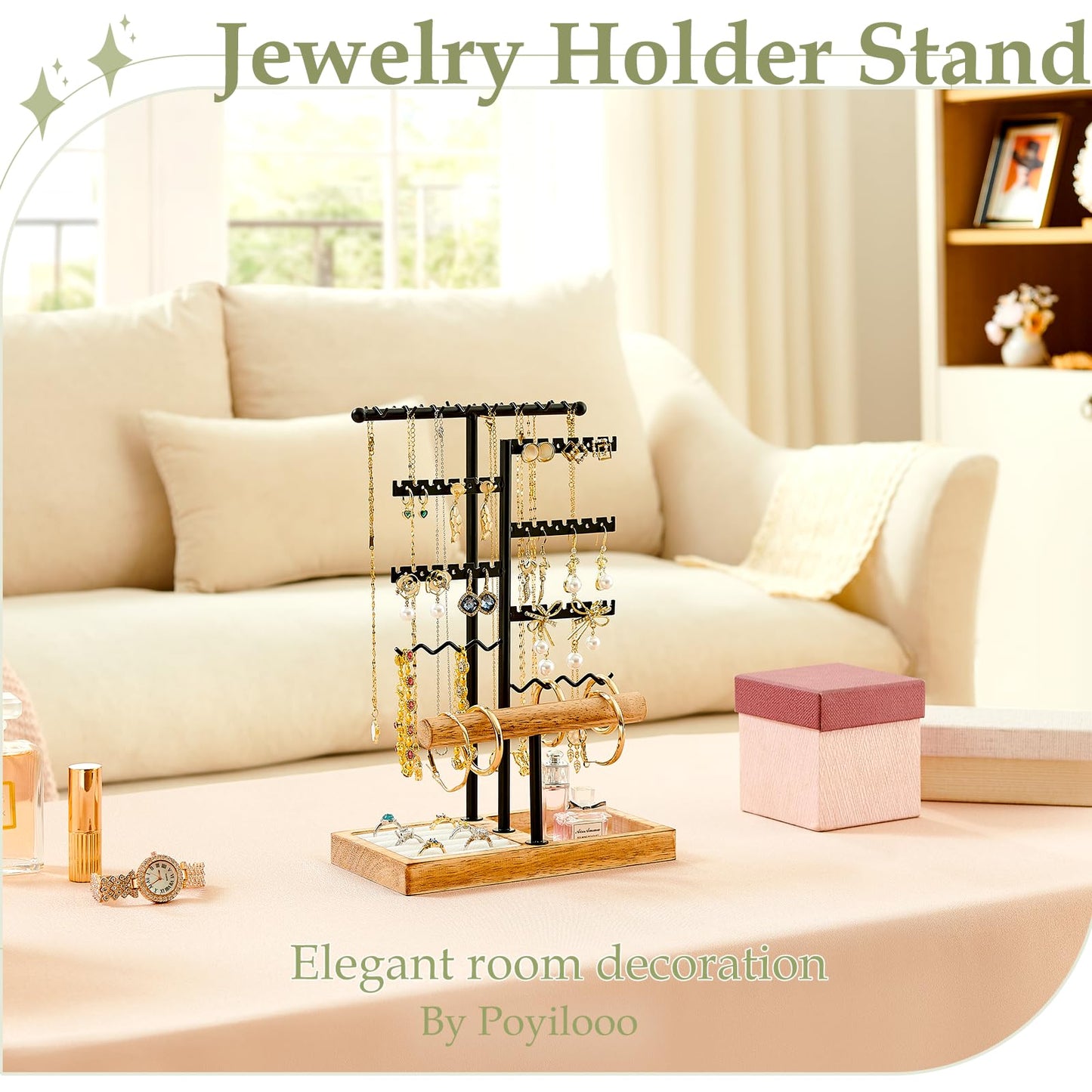 Poyilooo Earring Holder Jewelry Stand, 3 Tier Jewelry Organizer with Ring Holder Tray for Necklace Earring Keychains Bracelet Rings Display Jewelry Tree Stand (Carbonized Brown)