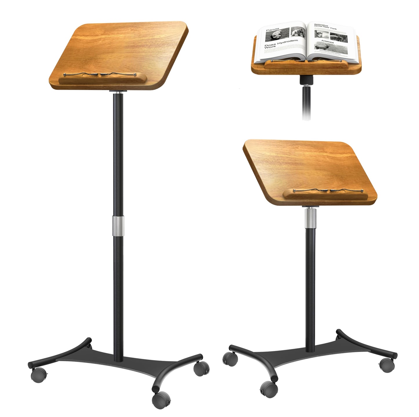 NAMON Rolling Floor Book Stand for Reading, 100% Solid Wood, Height Adjustable 16.5"-51", Floor Reading Stand with 4 Lockable Casters & Page Clip for Books, Sheet Music (Rolling/Classic, 10" x 15")