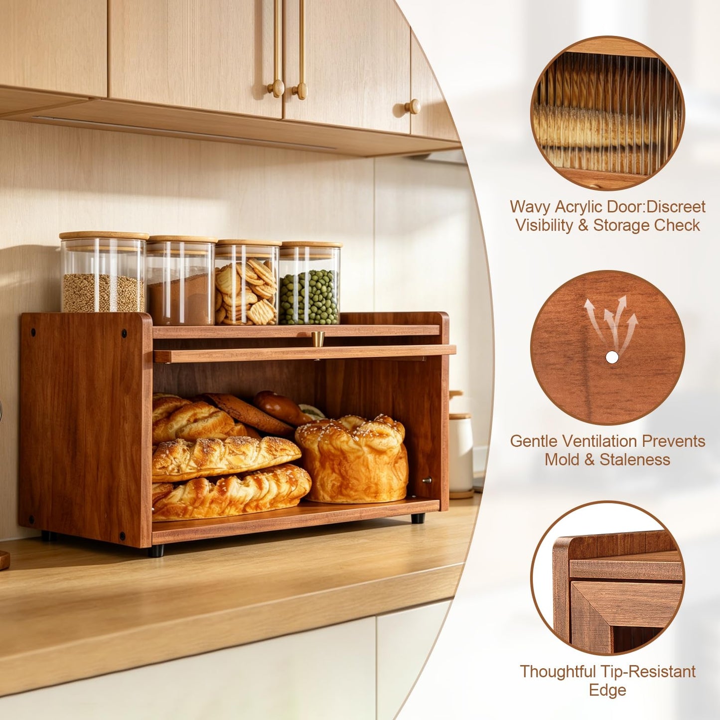 OCSERMIR Wooden Bread Box for Kitchen Countertop, Daily Bread Storage for Clutter-Free Counters, Flat Top Bread Holder with Acrylic Door, Brown