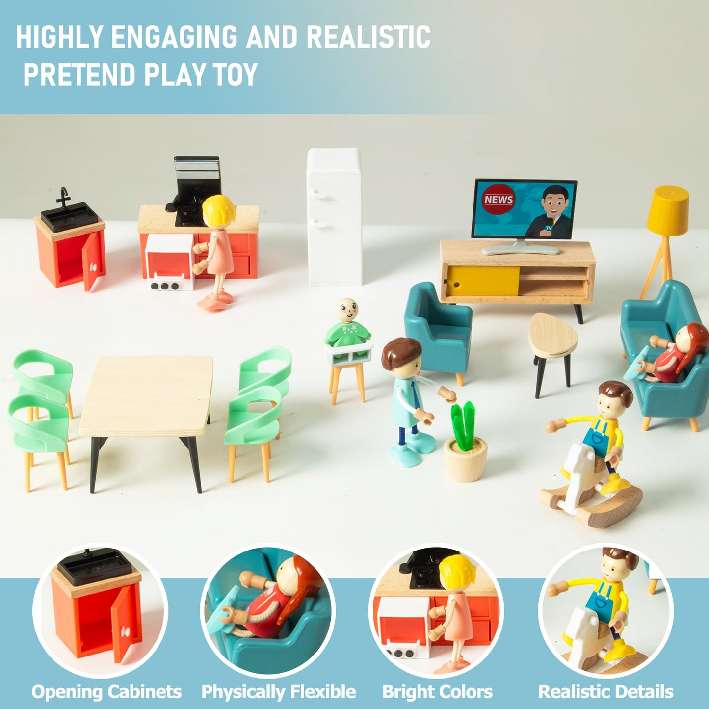 Smartwo 43PCS Wooden Dollhouse Furniture Set 6 Rooms with 5 Family Dolls,Wood and Plastic Dollhouse Accessories, in/Outdoor Scenes Pretend Play Toys Christmas Birthday Gift for Boys Girls & Kids 3Y+