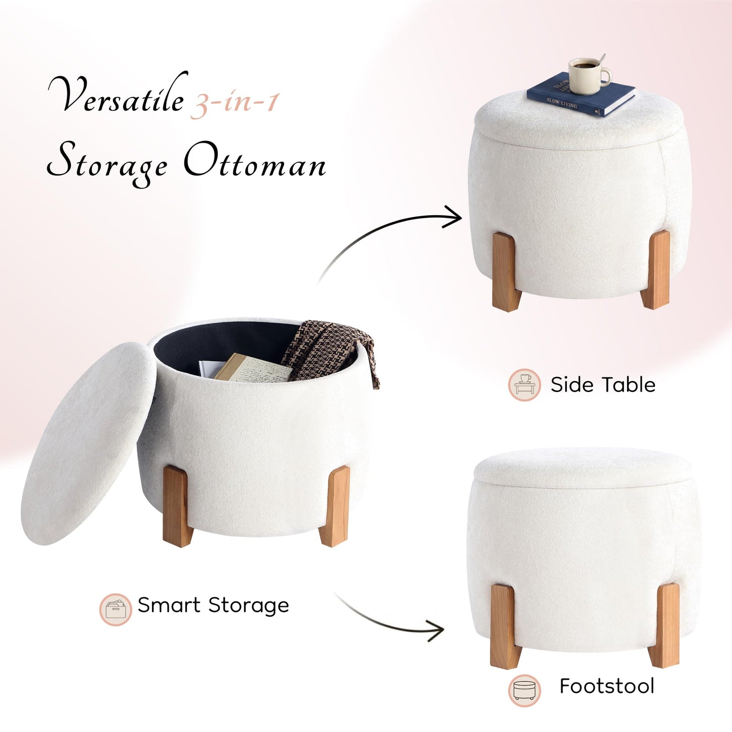 Get Set Style 22 inch Round Ottoman with Wooden Legs, Storage Vanity Stool for Makeup, Upholstered Footrest Stool,Coffee Table for Living Room, Bedroom