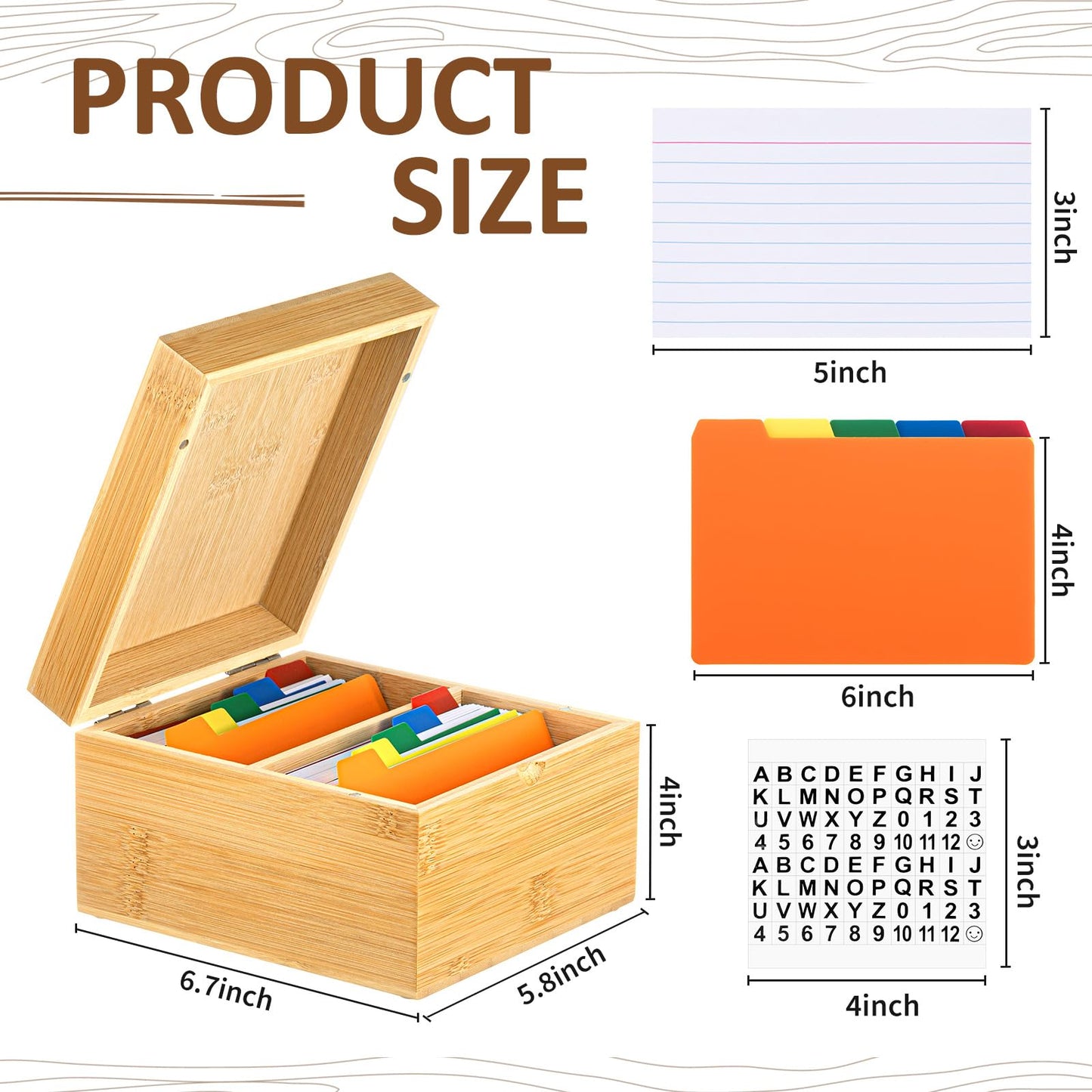 Henoyso 3 x 5 Inch Index Card Holder Set, Bamboo Organizer Box with 300 Note Cards, 30 Dividers & 2 Sticker Sheets, Holds 1200 Cards for Office Business Home Kitchen, Natural Wood