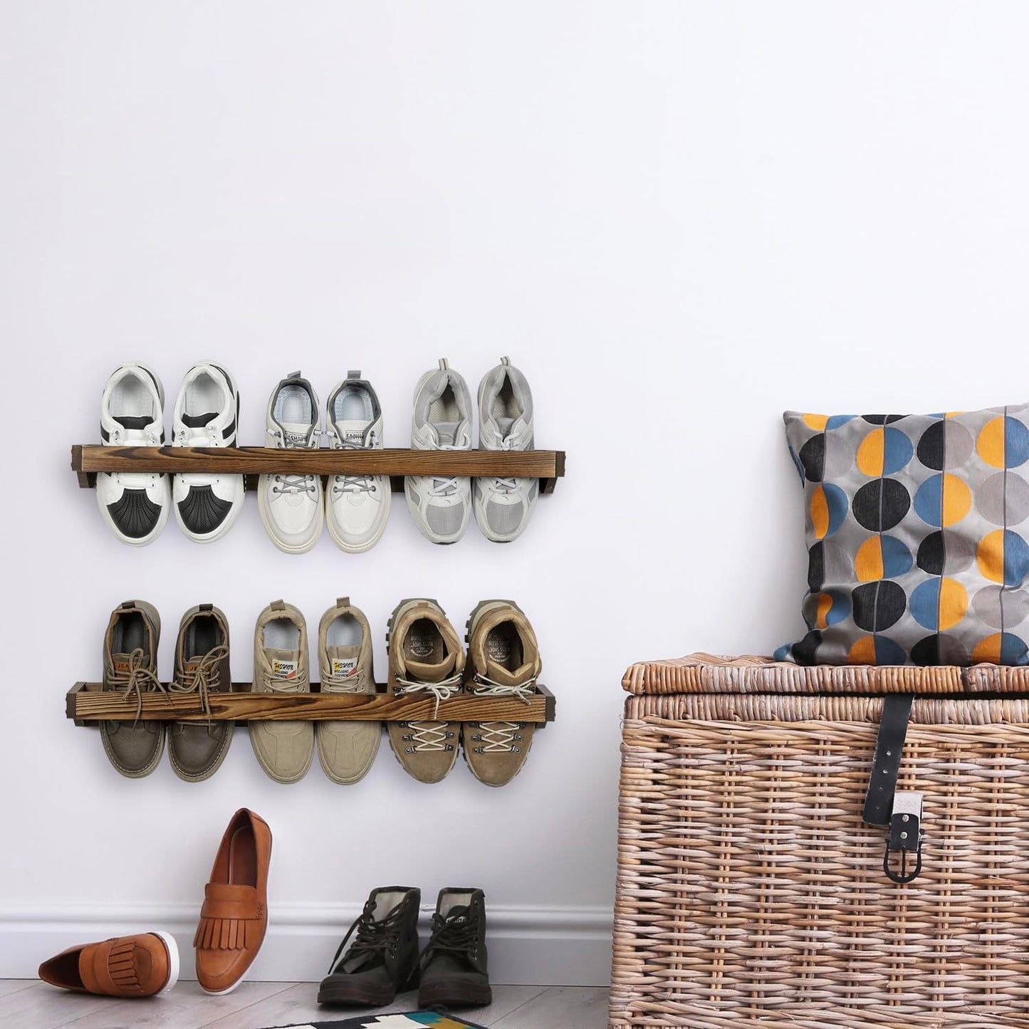 MyGift 30 Inch Rustic Burnt Solid Wood Hanging Shoe Rack, Wall Mounted Storage Organizer Footwear Holder for Closet, Mudroom, Entryway, Holds 6 Pairs, Set of 2