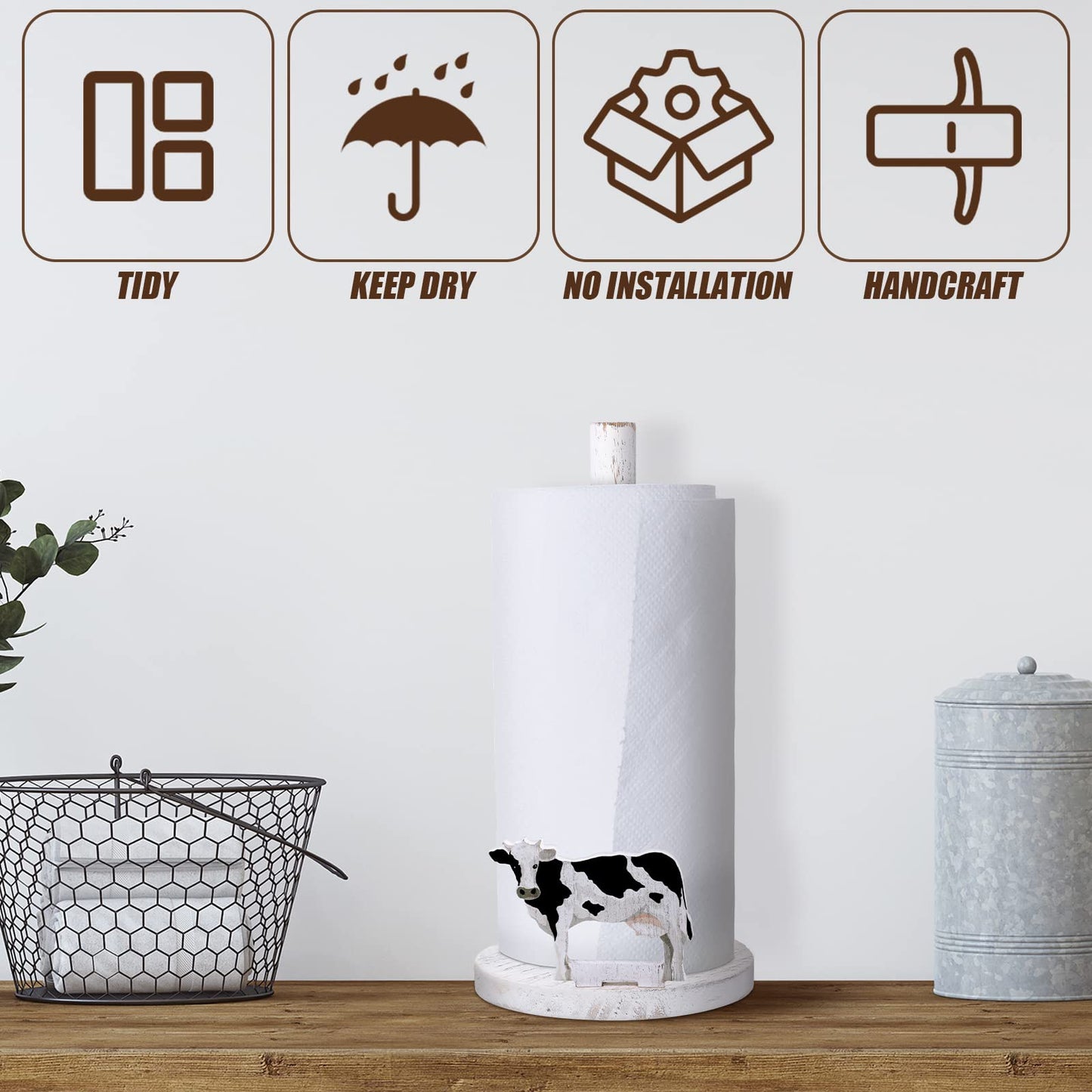 Yetene Cow Paper Towel Holder Cow Kitchen Decor Wooden Farmhouse Paper Towel Holder Countertop Kitchen Accessories Farm Rustic Home Bathroom Living Room Table Decor Gifts