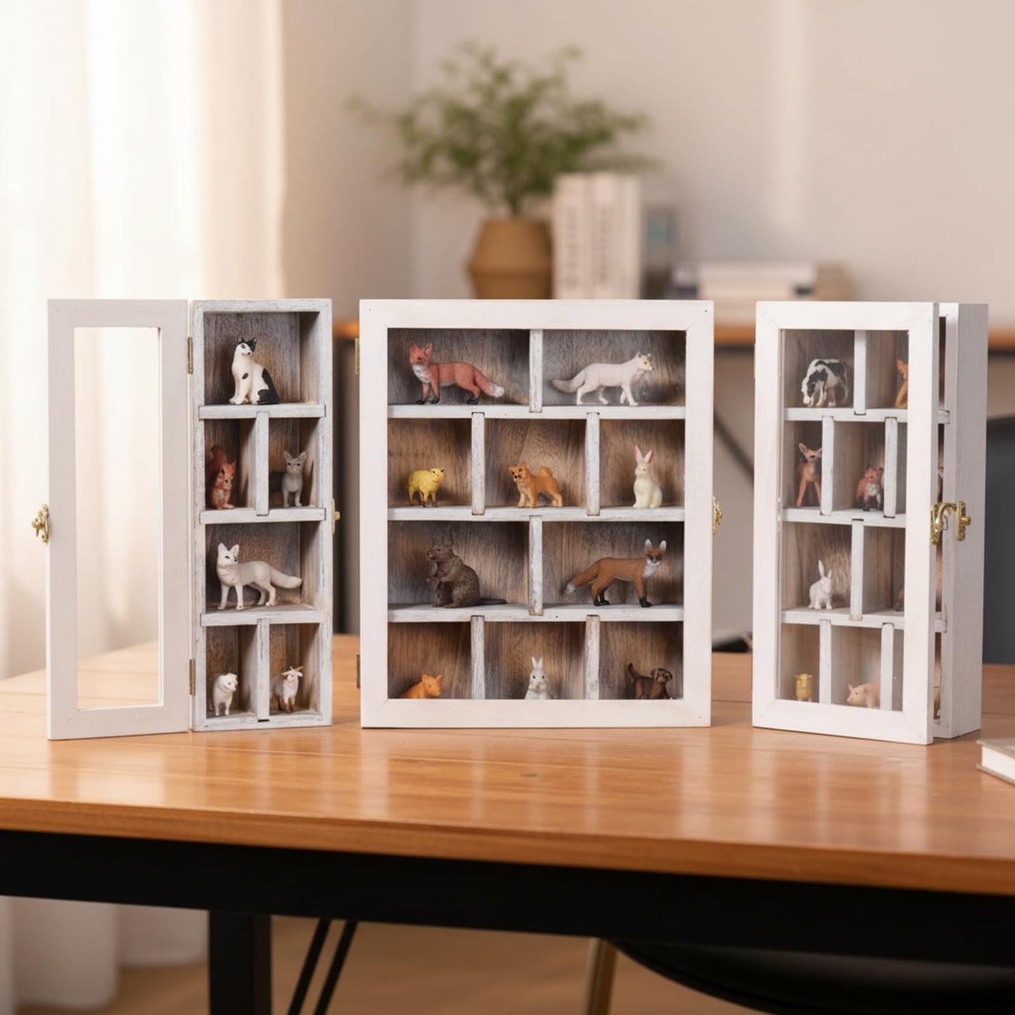 DoubleFill Wooden Trinket Display Shelf Shadow Box with Shelves Large Wall Mounted Display Storage Mini Figures Curio Trinket Medals Crafts Collections (Antique White)