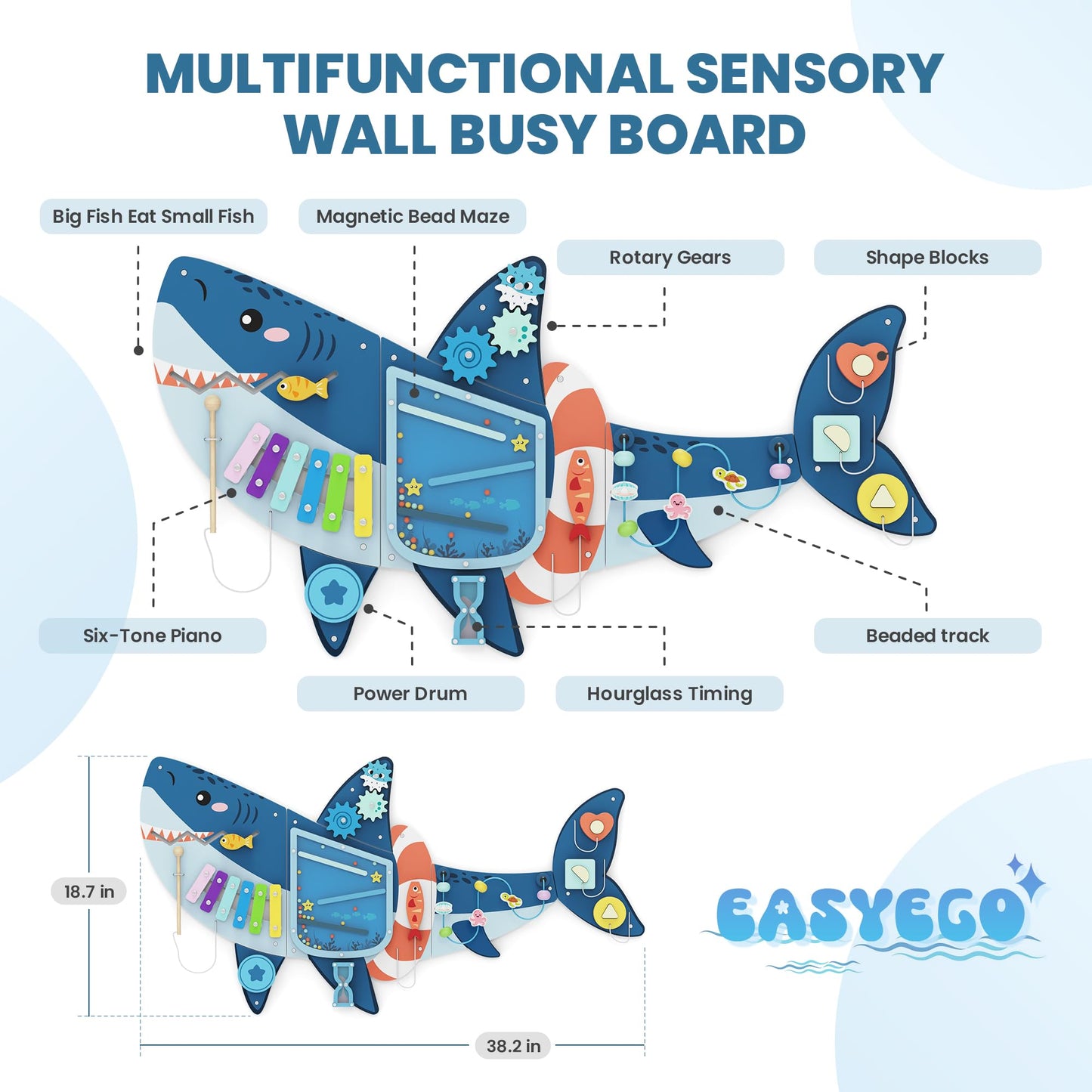 Easyego Wall Busy Board Panels, Montessori Sensory Activity Center - Wooden Educational Toys for Toddlers, Promotes Holistic Development, Holiday/Birthday Gift for Boys & Girls - Shark