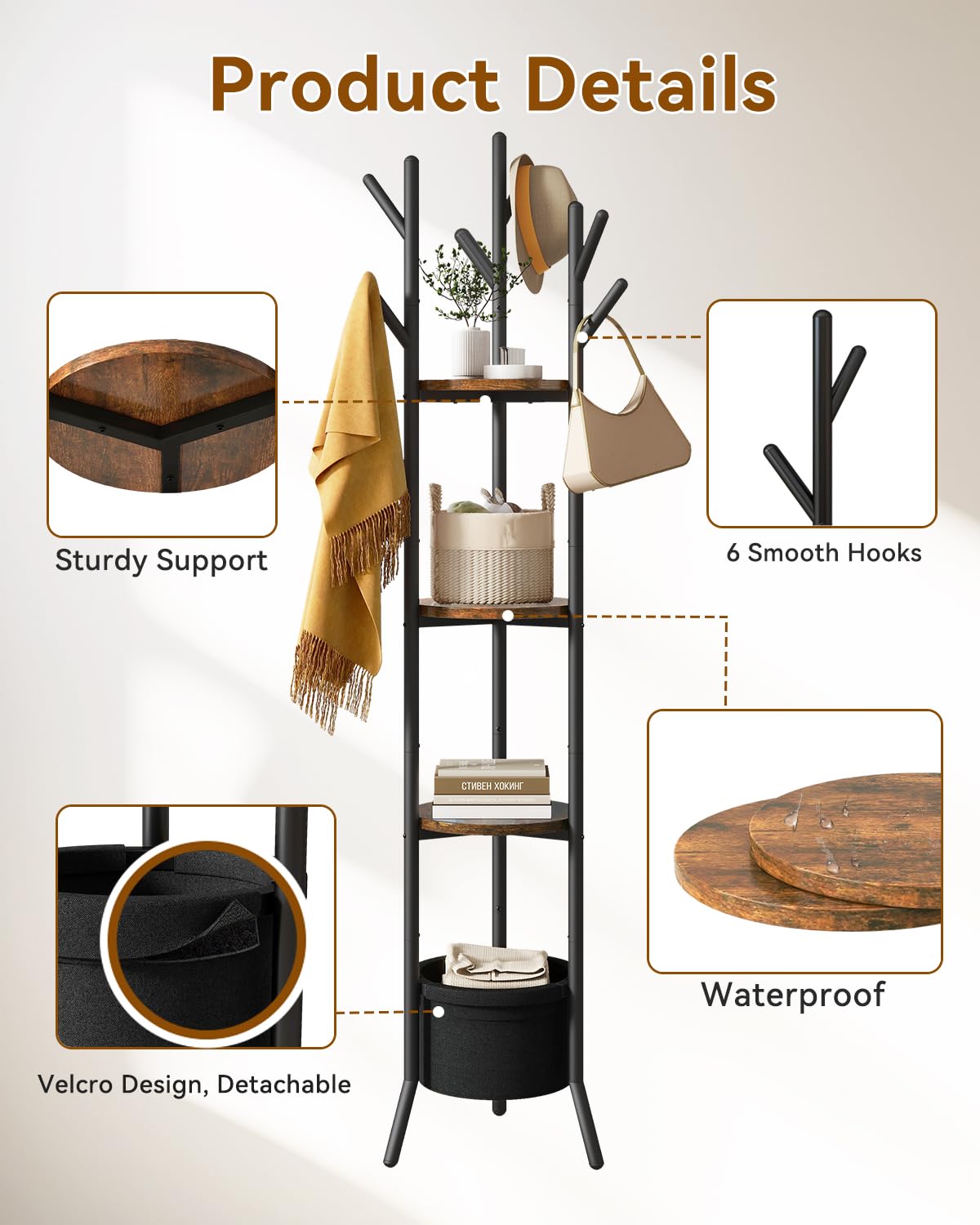 YMYNY Coat Rack, Freestanding Coat Stand with Storage Shelves, Hall Trees with 3 Wooden Shelves and 1 Fabric Basket, Metal Clothes Stand for Hats Bags Hallway Bedroom Rustic Brown UHGR005H