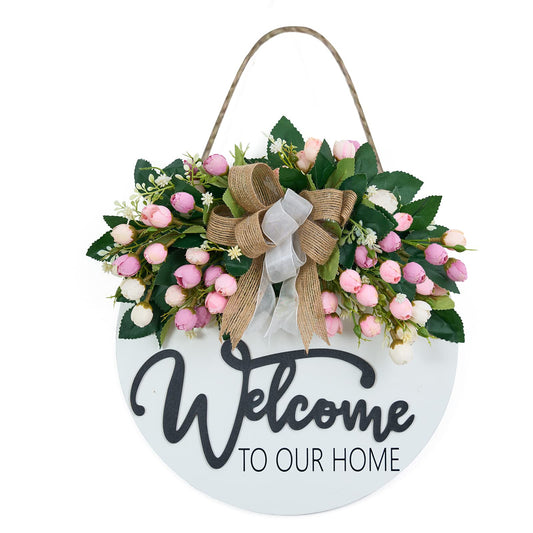3D Spring Summer Welcome Wreaths for Front Door, Wood Door Hanger,Floral Porch Decor,Wall Plaque, Pink Flower Wreath,Farmhouse White Welcome Sign for Front door-13