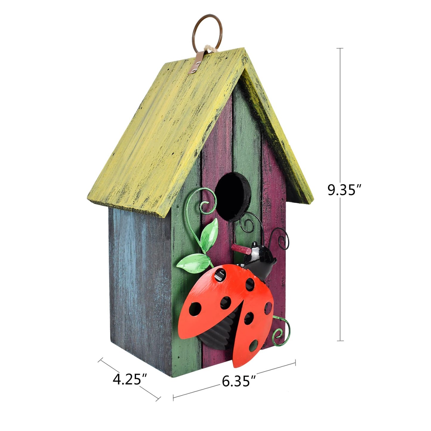 Wooden Decorative Birdhouse Hanging Bird House Hand Painted Birds Box Outdoor Garden Decor Bird Feeder for Finch Hummingbird Cardinals Bluebirds Sparrows Chickadees (Ladybug)