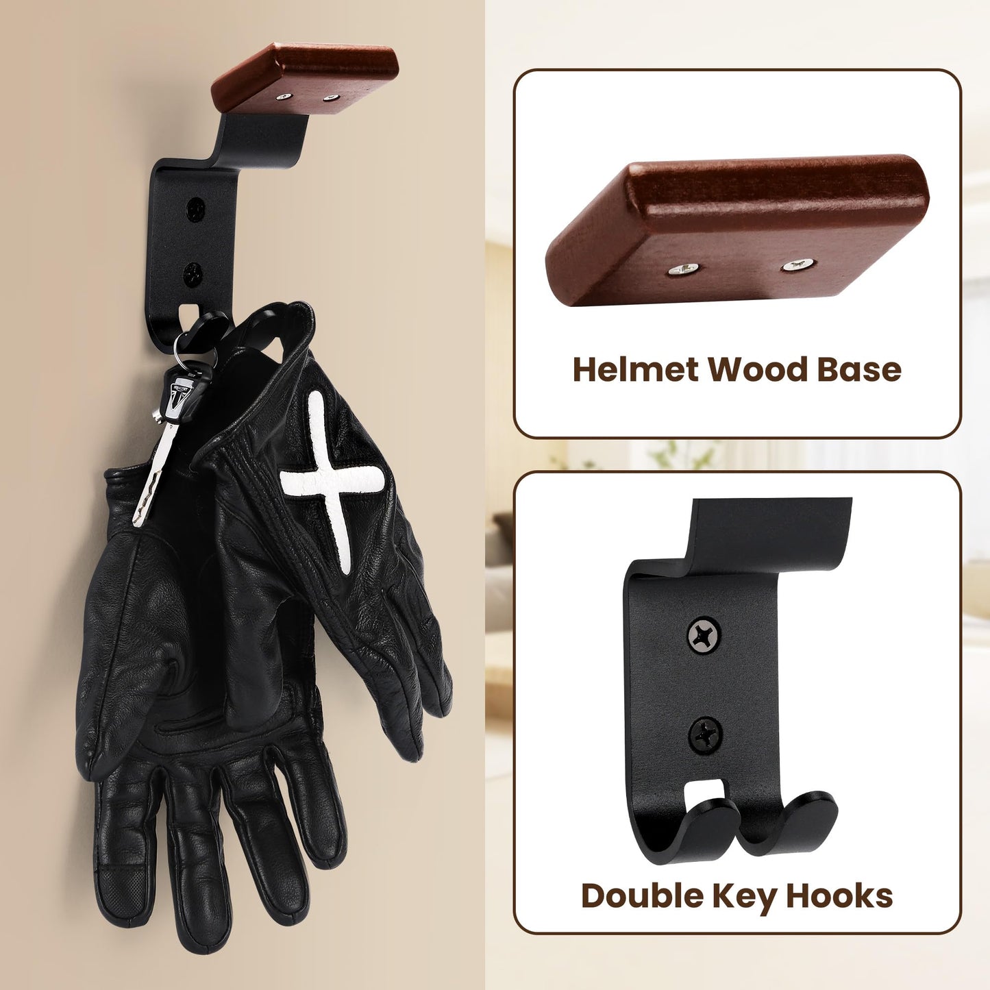 TOKCKYBL Motorcycle Helmet Holder Wall Mount - Solid Wood & Steel Gear Organizer Rack with 2 Hooks, Heavy Duty Display Hanger for Helmets, Football Gear, Ski Equipment, Hats, Jackets - 2 Pcs