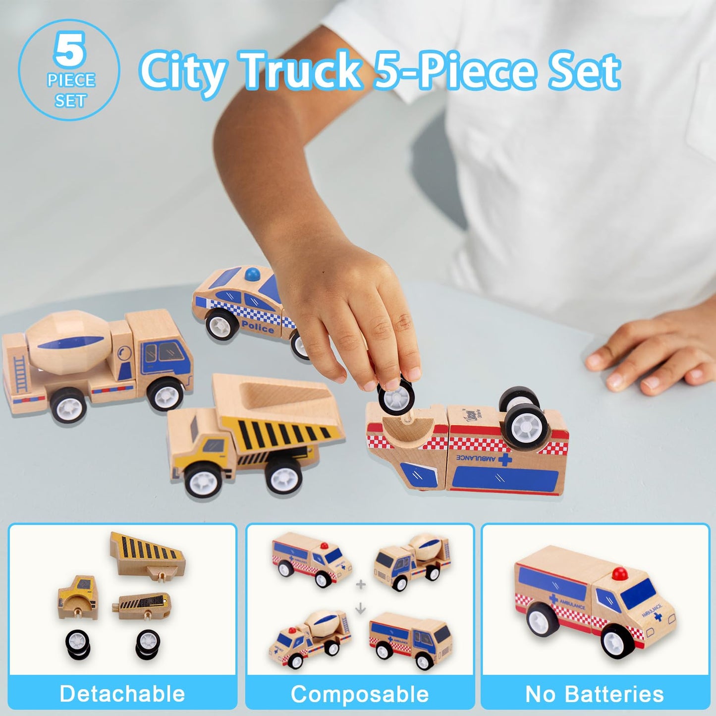 Udeas 5Pcs Premium Wooden Vehicle Toys for Toddlers 1-3 - Police Car, Garbage Truck, Dump Truck, Helicopter & Ambulance | Certified Safe, Montessori Toys, Push and Go Cars for 1+ Year Old Kids