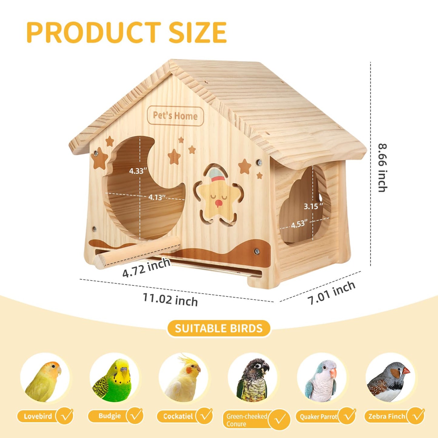 Wooden Bird House with Removable Tray, DIY Paintable Birdhouse for Lovebirds Budgies Cockatiels Conures, Cozy Bird Nest for Indoor Outdoor Use (Wood Tray (Standard))
