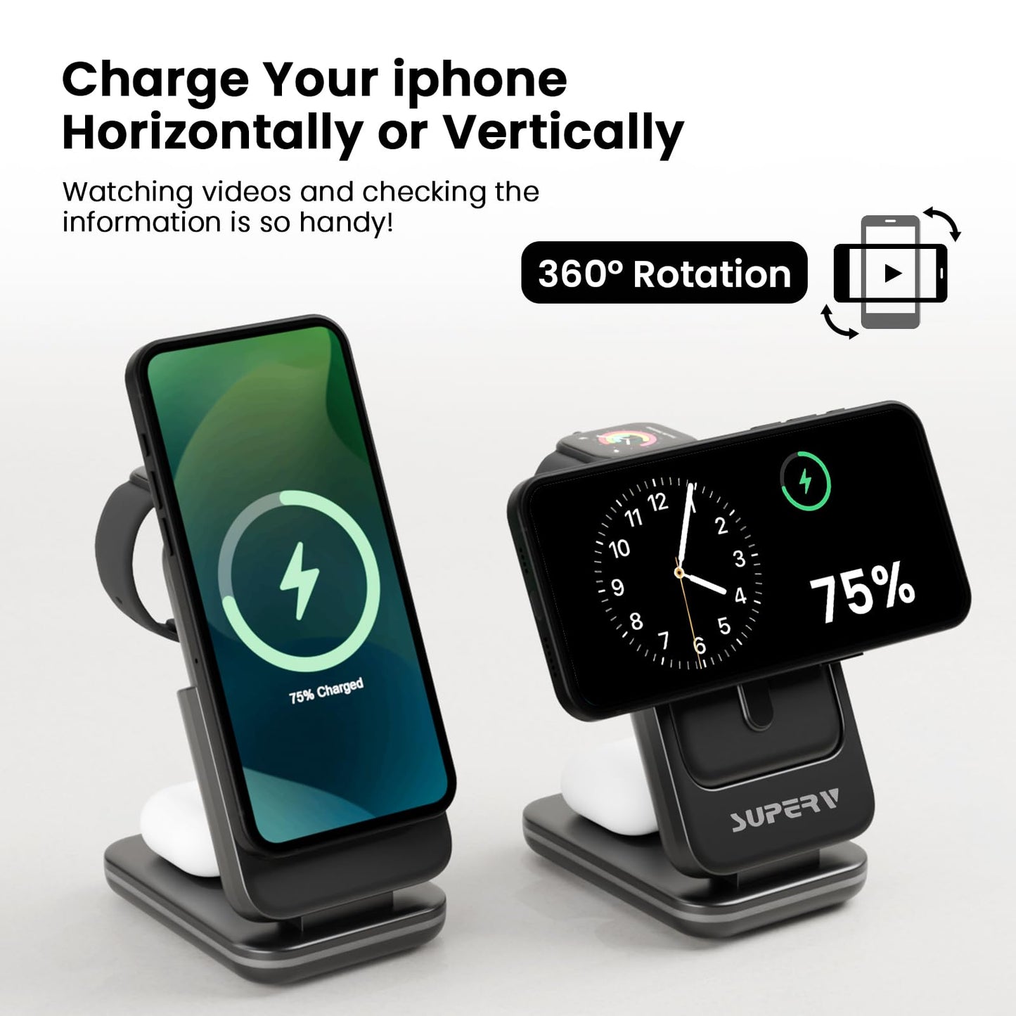 SUPERV 4 in 1 Wireless Charging Station: 5000mAh Removable Power Bank Foldable Charging Stand - Portable Magnetic Battery Pack for iPhone 17/16/15/14/13/12 Series and Apple Watch/AirPods (Black)