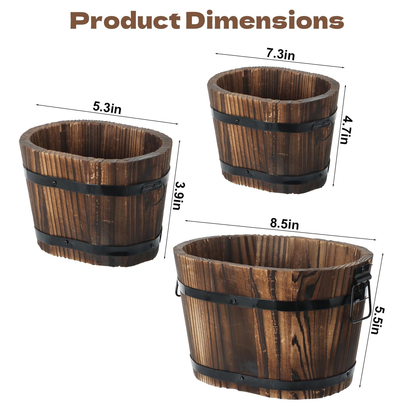 Hlimior 3 Pcs Wooden Whiskey Barrel Planters, Wooden Flower Planters Pots Boxes with Metal Handles 3 Sizes Planting Wood Buckets Tree Pot for Indoor Outdoor Garden Home Plants