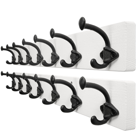 WEBI Rustic Coat Rack Wall Mount,30" Long 7 Cast Iron Coat Hooks Wall Mounted,Heavy Duty Farmhouse Wood Coat Hanger Wall Vintage Hooks for Hanging Jacket,Clothes,Backpack,Black on White,2 Packs