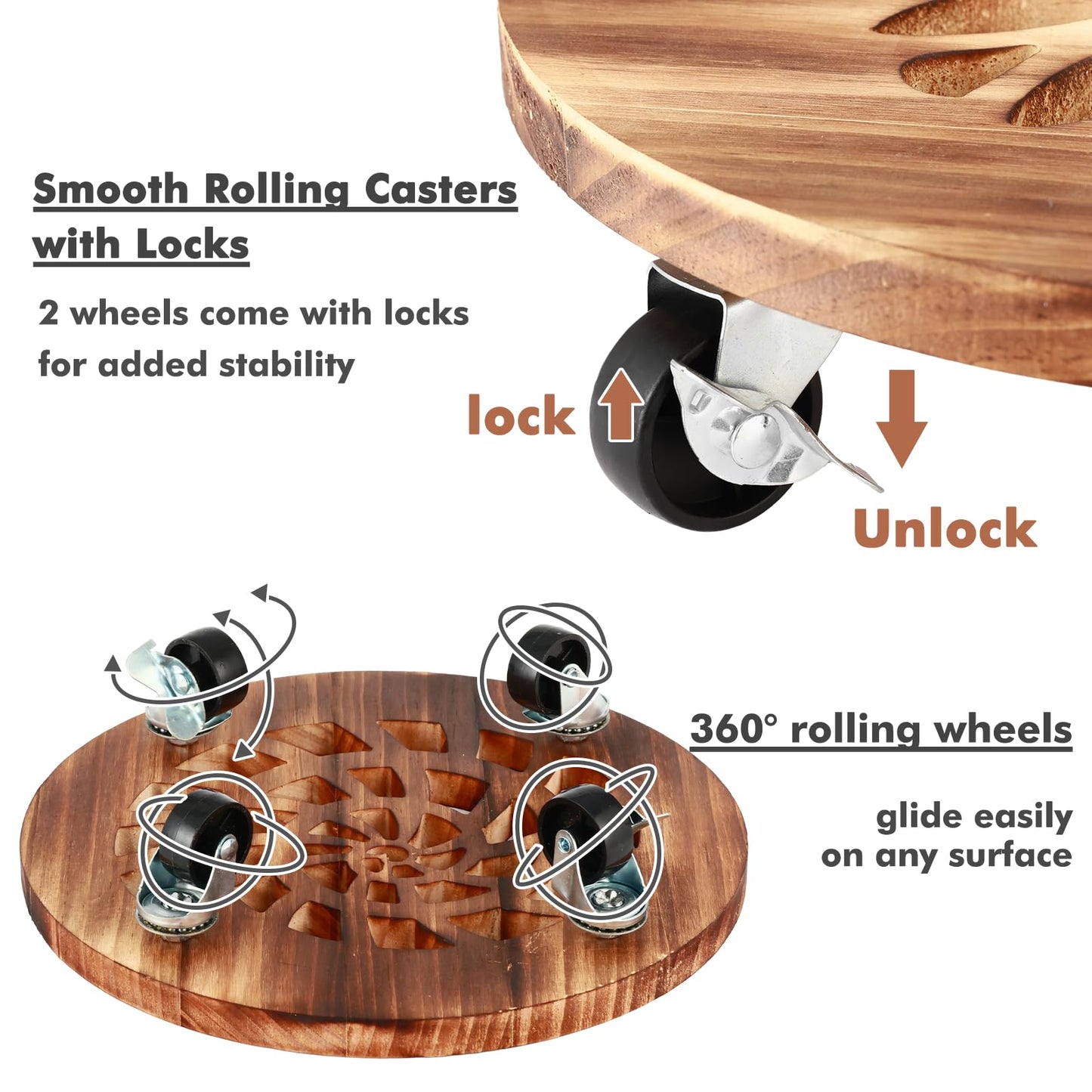 4 Pack Plant Caddy with Wheels Heavy Duty 12 Inch Wooden Plant Stand with Wheels Plant Dolly Rolling Plant Stand Plant Roller with Casters for Indoor and Outdoor with 4 Pack Plant Saucers, Round