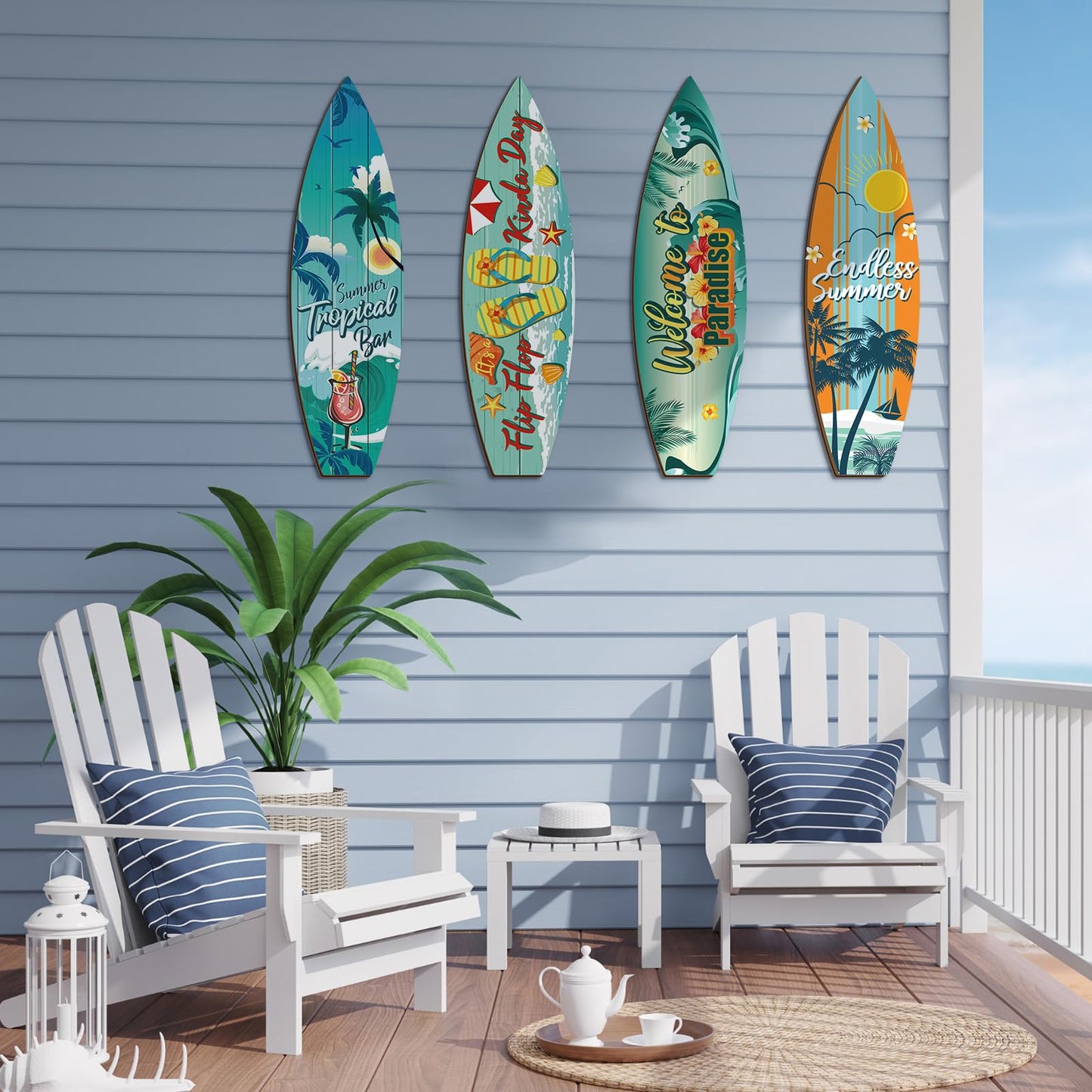 Tatuo 4 Pcs Surfboard Decor Hawaiian Wooden Beach Wall Decor Tiki Tropical Bar Decorations Surfboard Wall Hanging Sign Gifts for Home Aloha Birthday Party(Summer,15.75 x 4.41 x 0.2 Inch)