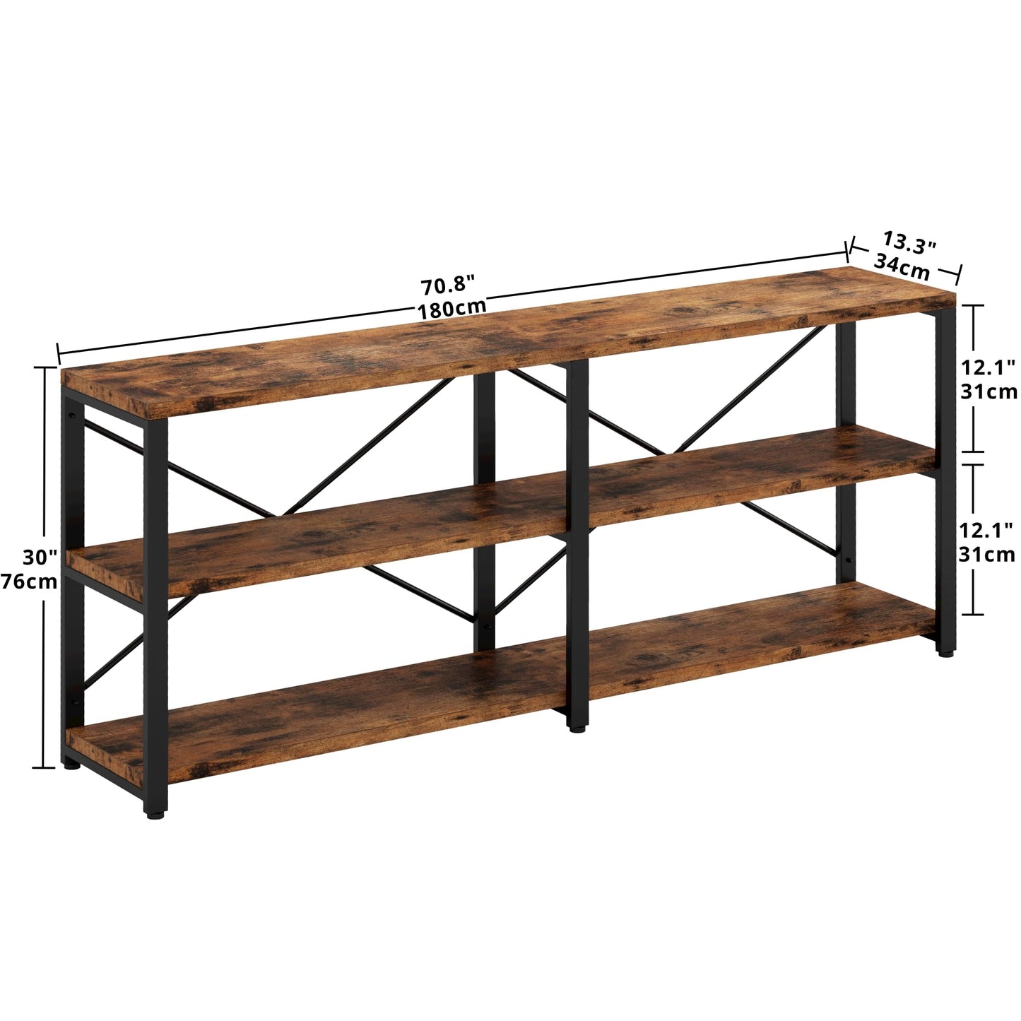 IRONCK Rustic Entryway Console Table, Long Hallway Table 70.8 in 3-Tier, TV Stand Entertainment Center Media Stand for Living Room, Industrial Style, Vintage Brown