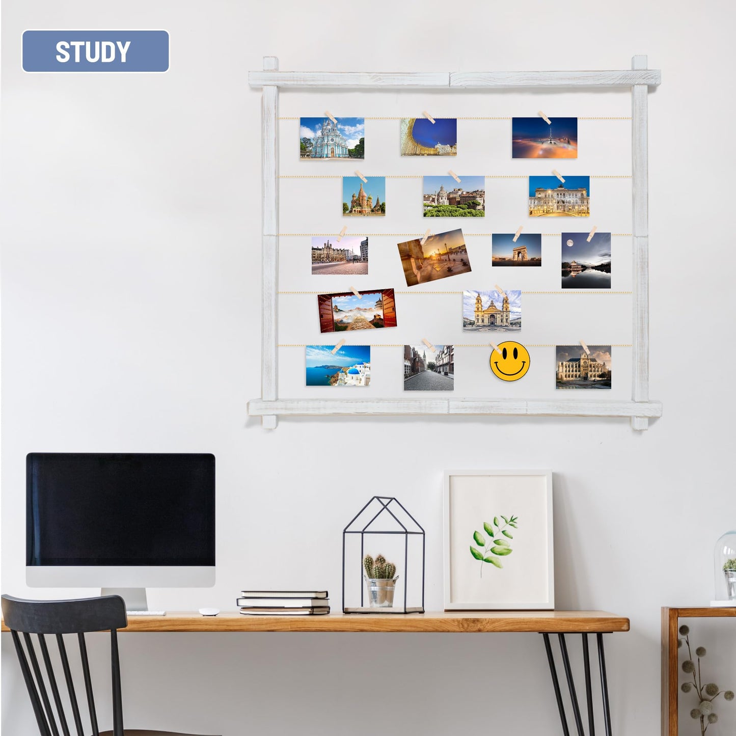 Wood Picture Frames Collage,Photo Display With 30 Clips,Hanging Picture Board Wall Decor for Dorm Graduation Letter Postcard Greeting Card Organizer,Pine,Adjustable Bead String,2 Pack,(Rustic White)