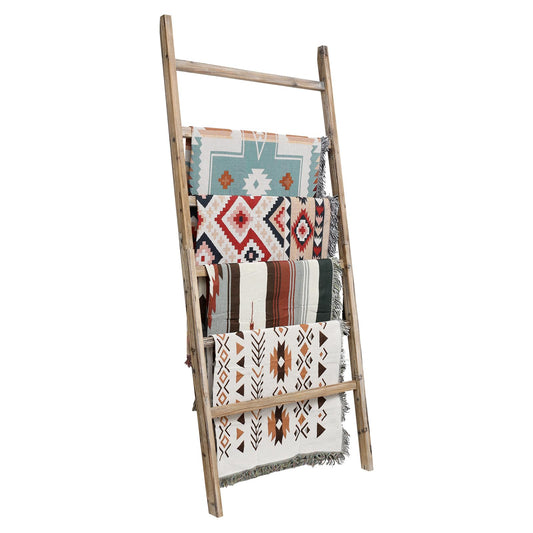 FUIN Extra Wide 6.4ft Wooden Blanket Ladder Living Room Decorative Wal Leaning Farmhouse Quilt Display Holder Rustic Wood Towel Rack for Bathroom, Burnt Brown, 38 inch Wide