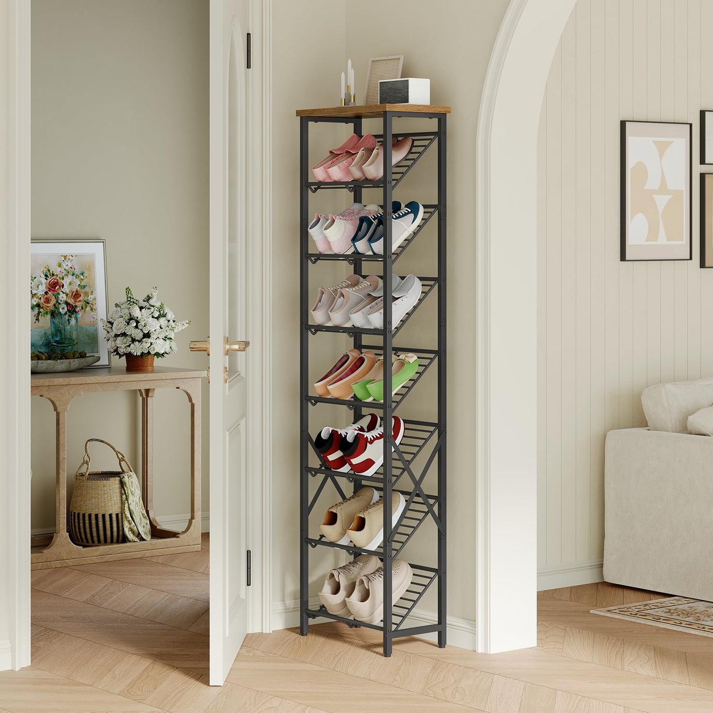 YATINEY 10-Tier Tall Shoe Rack and 8-Tier Tall Shoes Rack, Slim Shoe Organizer for Entryway, Thin Shoe Rack for Closet, Narrow Shoe Storage Shelf with Wooden Panel, Space Saving SS210BR-SS18BR