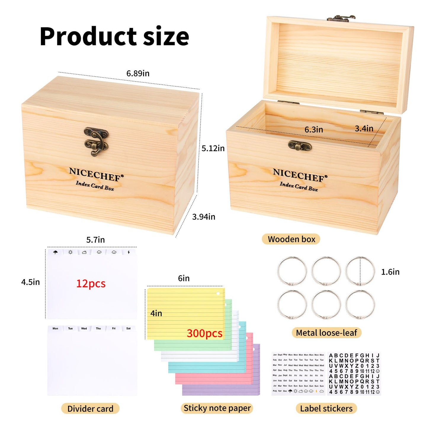 NICECHEF Index Card Holder 4x6, Wooden Recipe Box with 300 PCS Flash Cards Card Organizer,12 White Dividers, 6 Metal Rings, 2 Sticker, for Office, Business, Flashcard Notecard Holders for Home Office