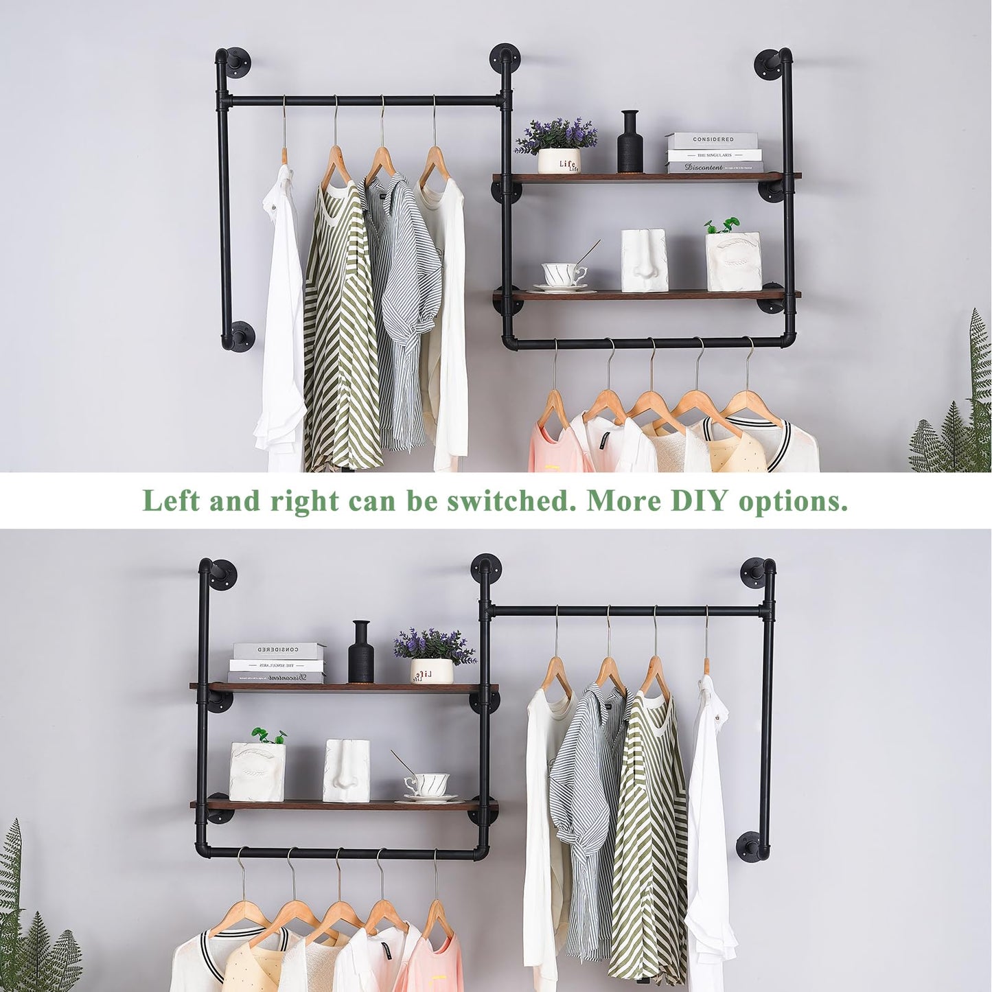 EDCB Industrial Pipe Wall-Mounted Clothing Rack with 2 Wood Shelves - Heavy Duty Double Rod Metal Garment Organizer for Bedroom/Retail Stores, Black (30H×12.5D×59W inch)