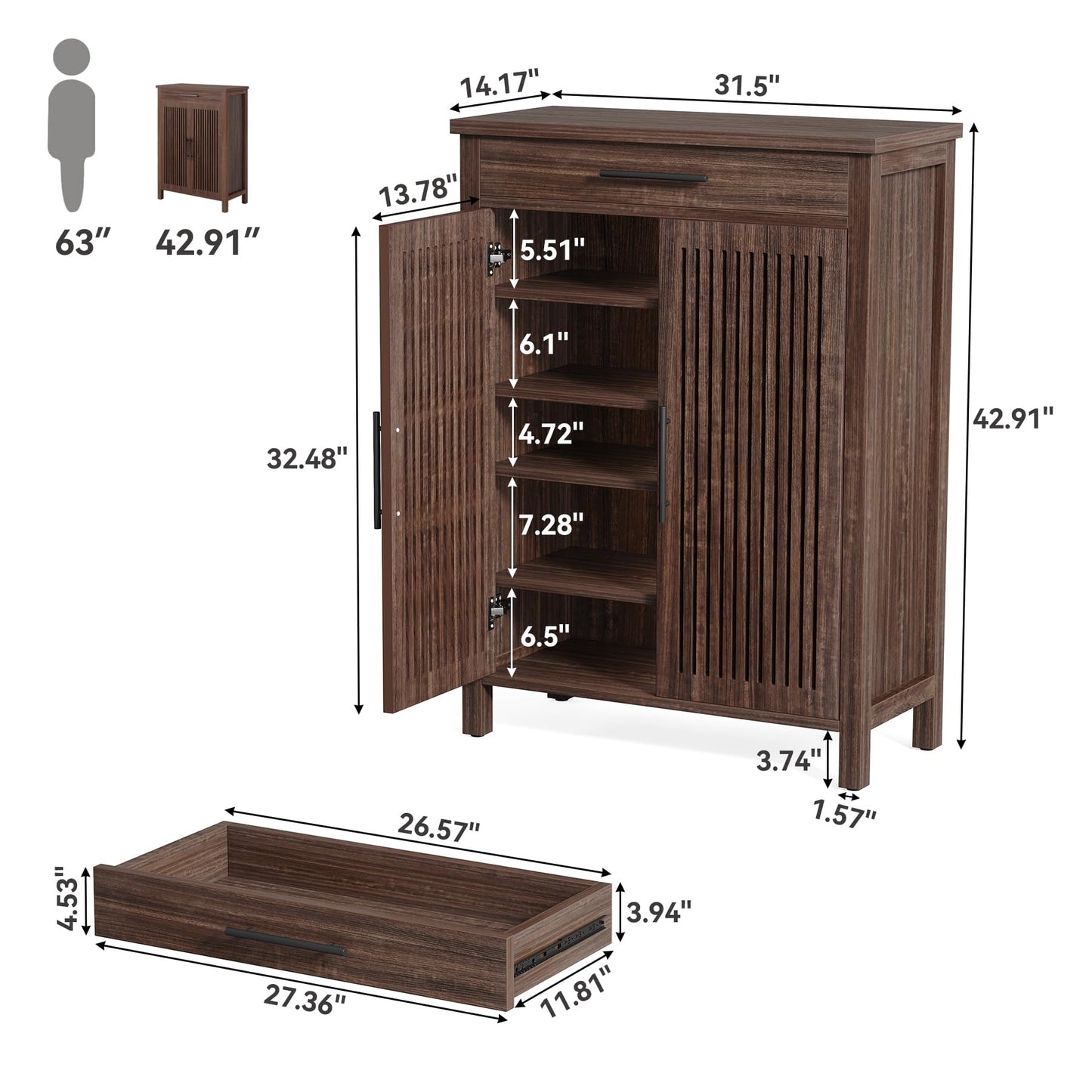 LITTLE TREE Narrow Storage Shoe Rack, 6-Tier Wooden Shoe Cabinet with Drawer, Freestanding Slim Shoe Cabinet Shoe Organizer for Entryway, Hallway, Closet, Bedroom, Living Room, Brown