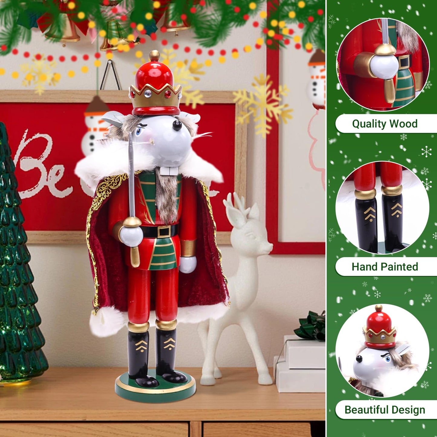 Tngan 11" Wooden Mouse King Nutcracker, Festive Christmas Decoration, Handcrafted Mouse Themed Nutcracker Collectible Christmas Decor for Tabletop, Shelves, and Fireplace Mantel