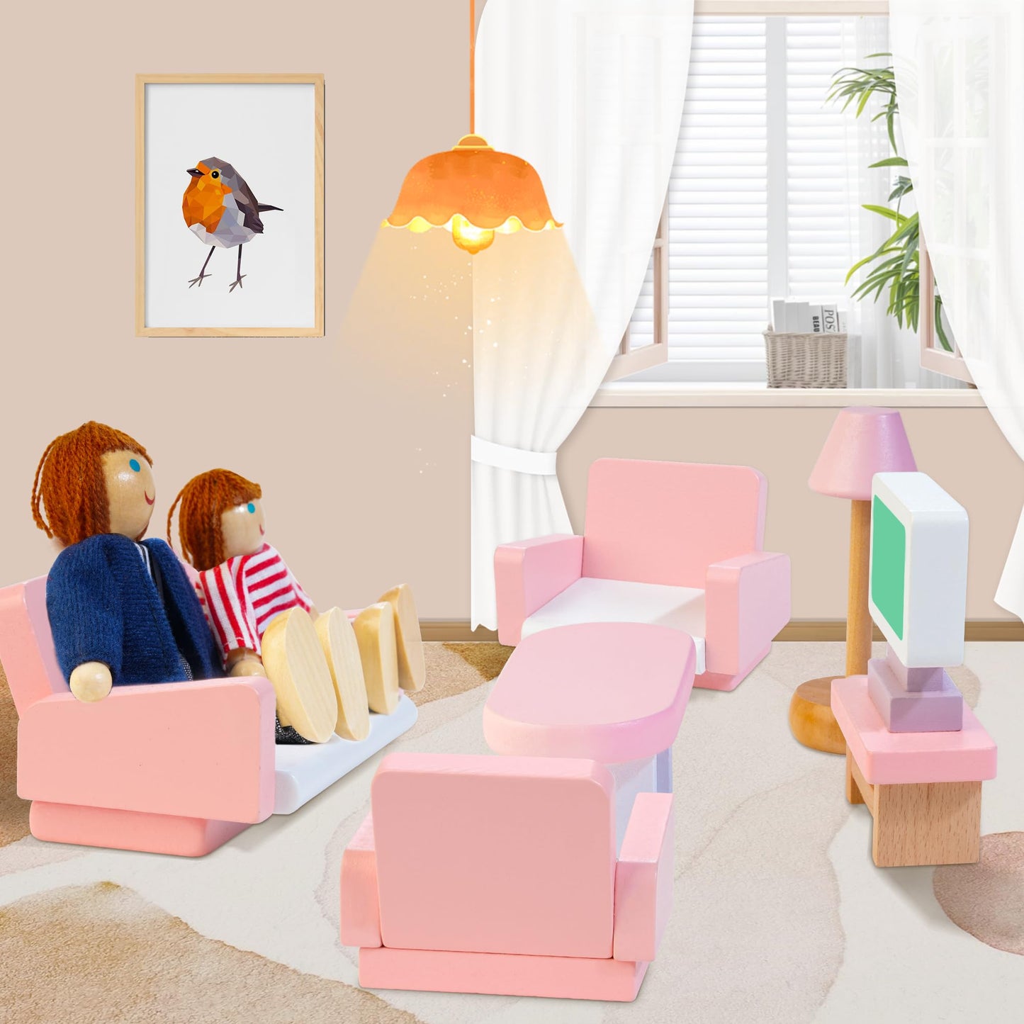 Kizfarm Wooden Dollhouse Furniture Set and Wooden Vanity Set for Kids