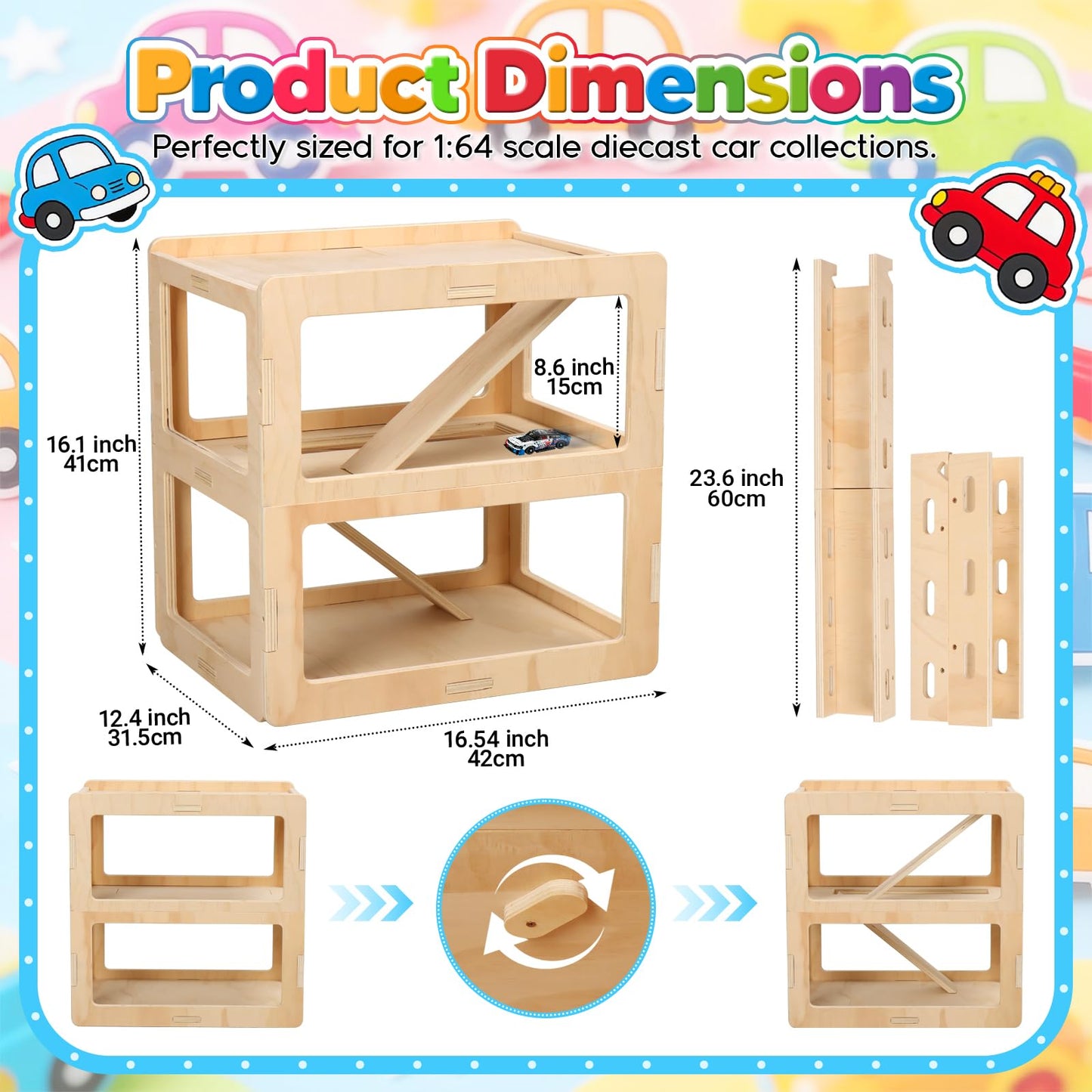 Essenhome Wooden Toy Car Display Case Compatible with Hot Wheels & Matchbox, 1/64 Scale Parking Garage Storage with Foldable Racing Ramp, Easy Pin-Style Assembly Shelf for Kids Room Decor (Large)