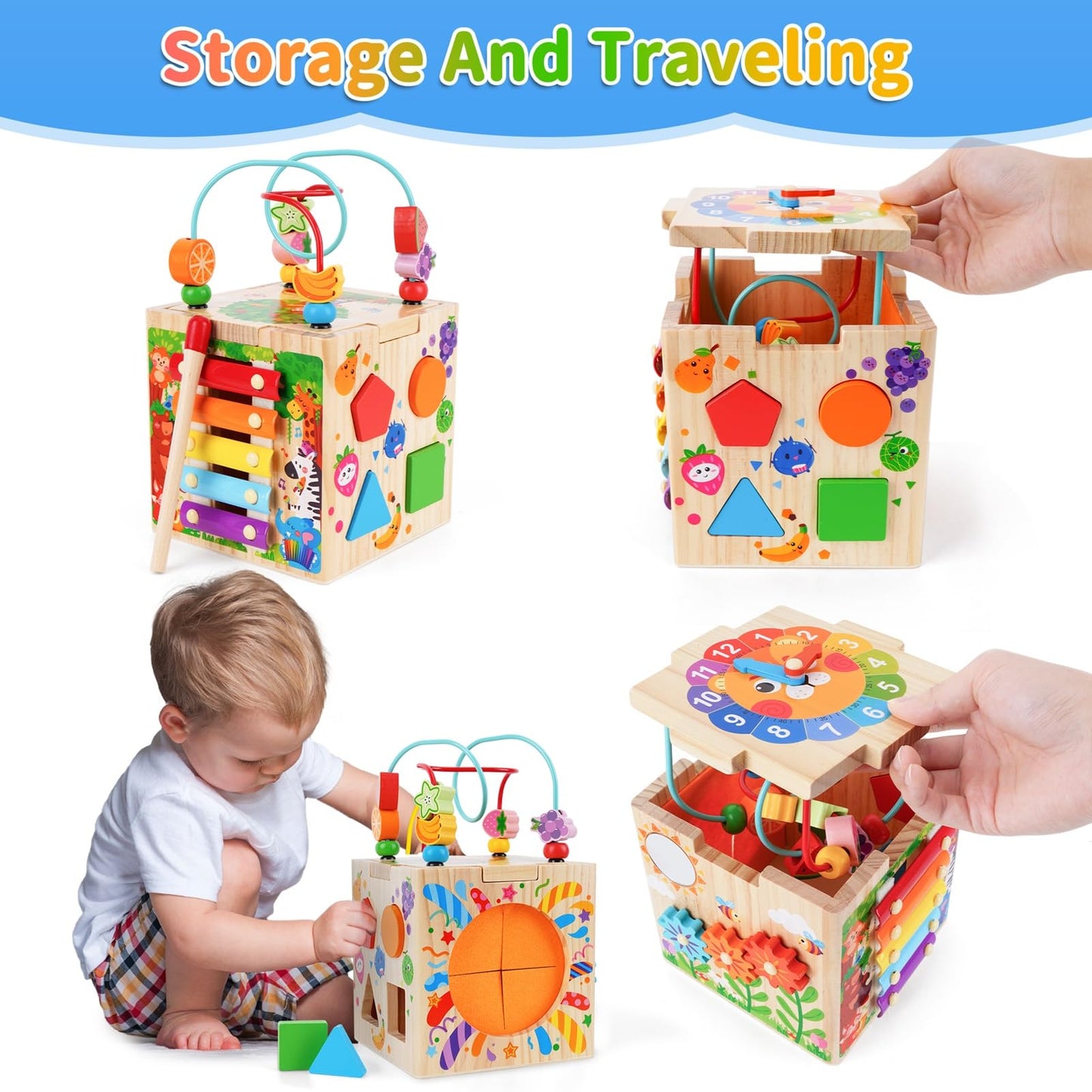 KMTJT Wooden Activity Cube Toddler Toys 12-18 Months, 7-in-1 Montessori Learning Toys for 1 2 Year Old Boys Girls, Bead Maze Sensory Toy, First 1st Birthday Gifts with Sorting & Stacking Board (Pink)