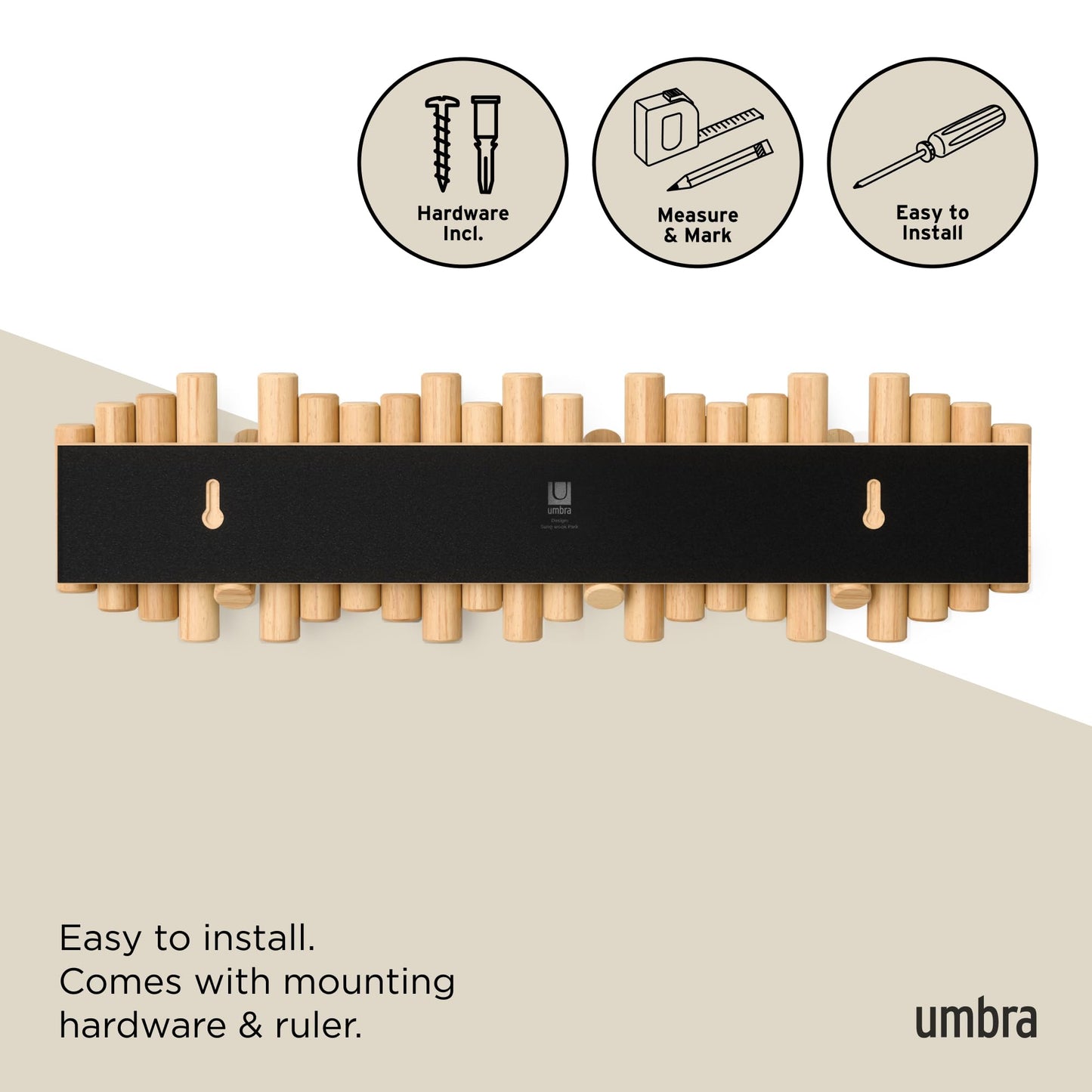 Umbra Picket Coat Rack with 8 Hooks – Natural Wall-Mounted Coat Rack with Flip-Down Wooden Hooks, Real Pine Wood Decorative Wall Storage for Jackets, Hats, Scarves, Bags, Entryway, Bedroom Living Room