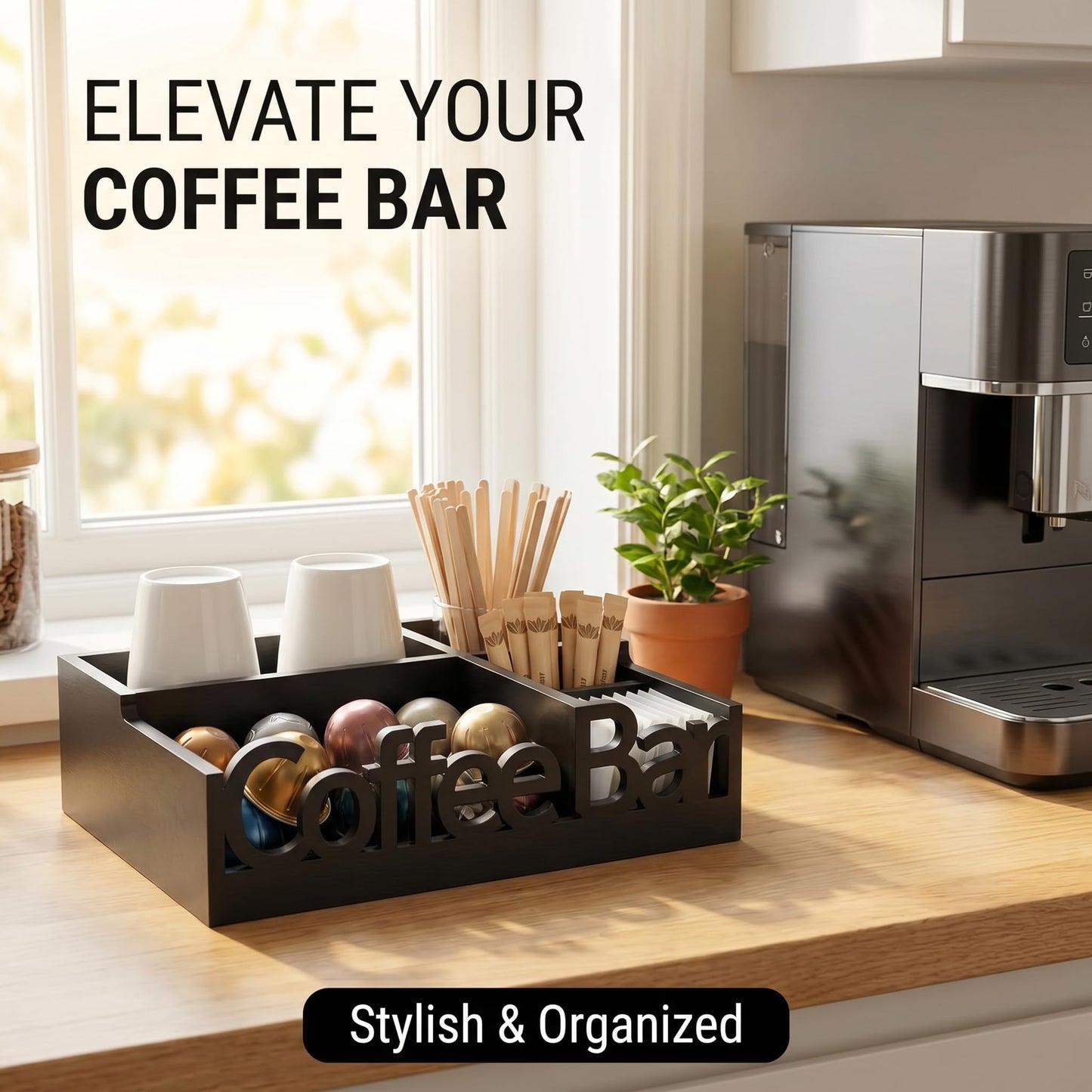 Coffee Bar Organizer Countertop,Wood Caddy with Compartments for Pods,Black