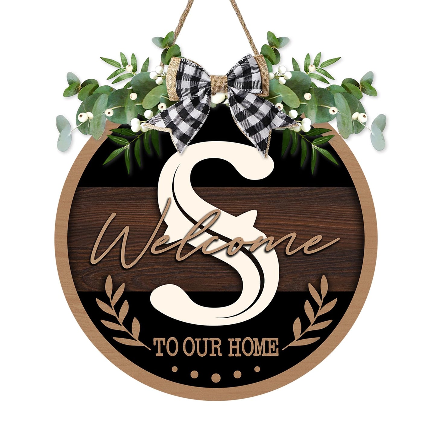 Bolisom Monogram Letter S Front Door Sign, Welcome to Our Home Family Last Name Initial Wooden Hanger Decor Housewarming Wedding Gifts, Farmhouse Rustic Wreath Indoor Wall Hanging Decoration with Bow