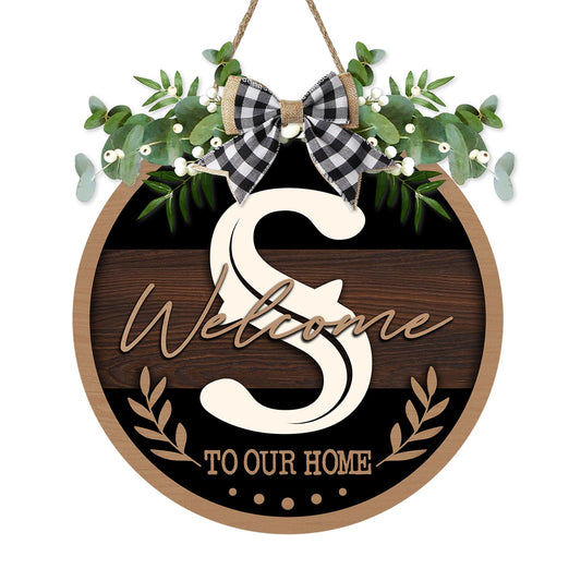 Bolisom Monogram Letter S Front Door Sign, Welcome to Our Home Family Last Name Initial Wooden Hanger Decor Housewarming Wedding Gifts, Farmhouse Rustic Wreath Indoor Wall Hanging Decoration with Bow