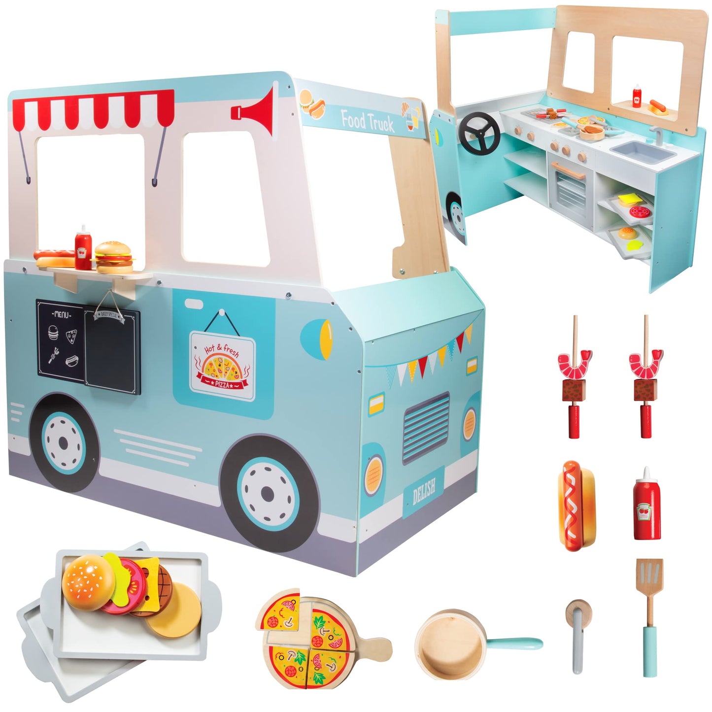 Food Truck Wooden Playset- 20 Fun Toy Pieces Including Cook Top, Steering Wheel, Sticker Sheet for Kids Name- Food Tray, Pizza Slices & More, Dual Sided Play Stand for Indoor Fun Activity, For Ages 3+