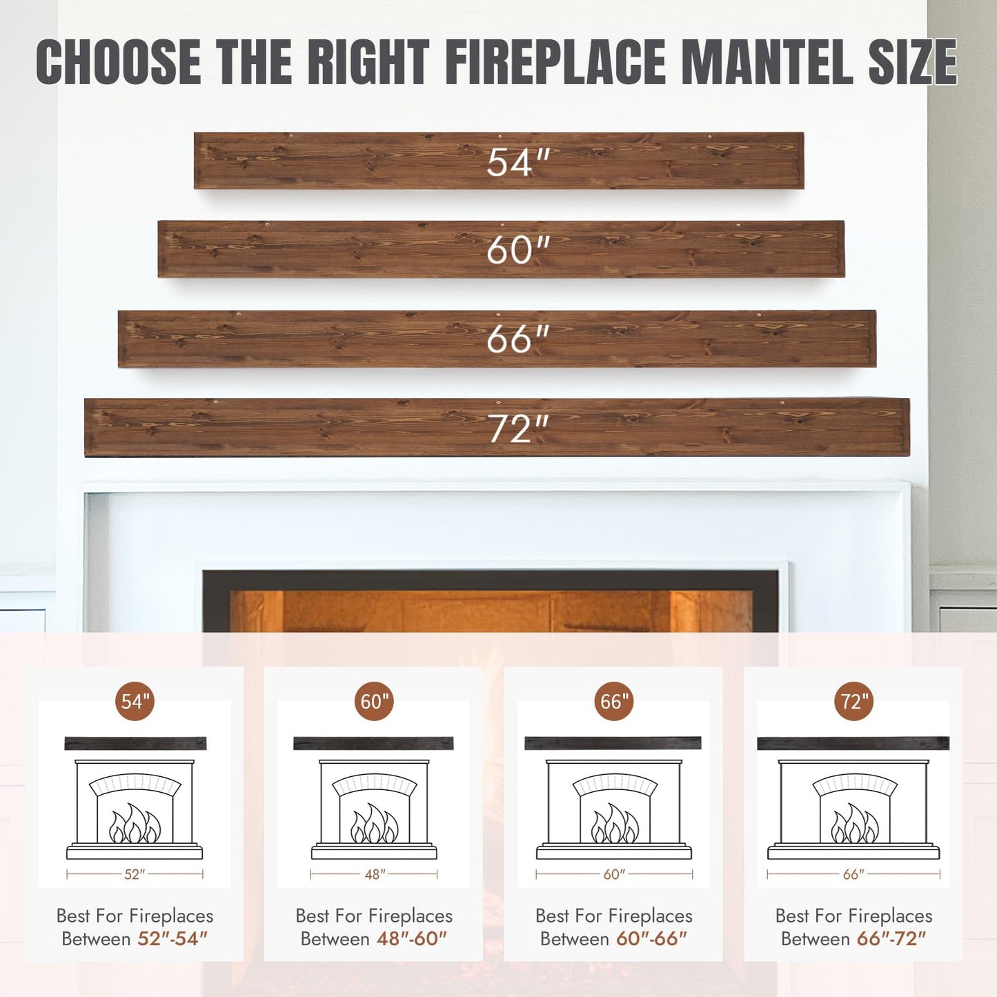 GoCampDirect Fireplace Mantle Shelf - 54×8×5Inch Handcrafted Wall Floating Mantel Shelf for Over Fireplace - Rustic Traditional Wooden Fireplace Mantels with Invisible Heavy Duty Wood Bracket