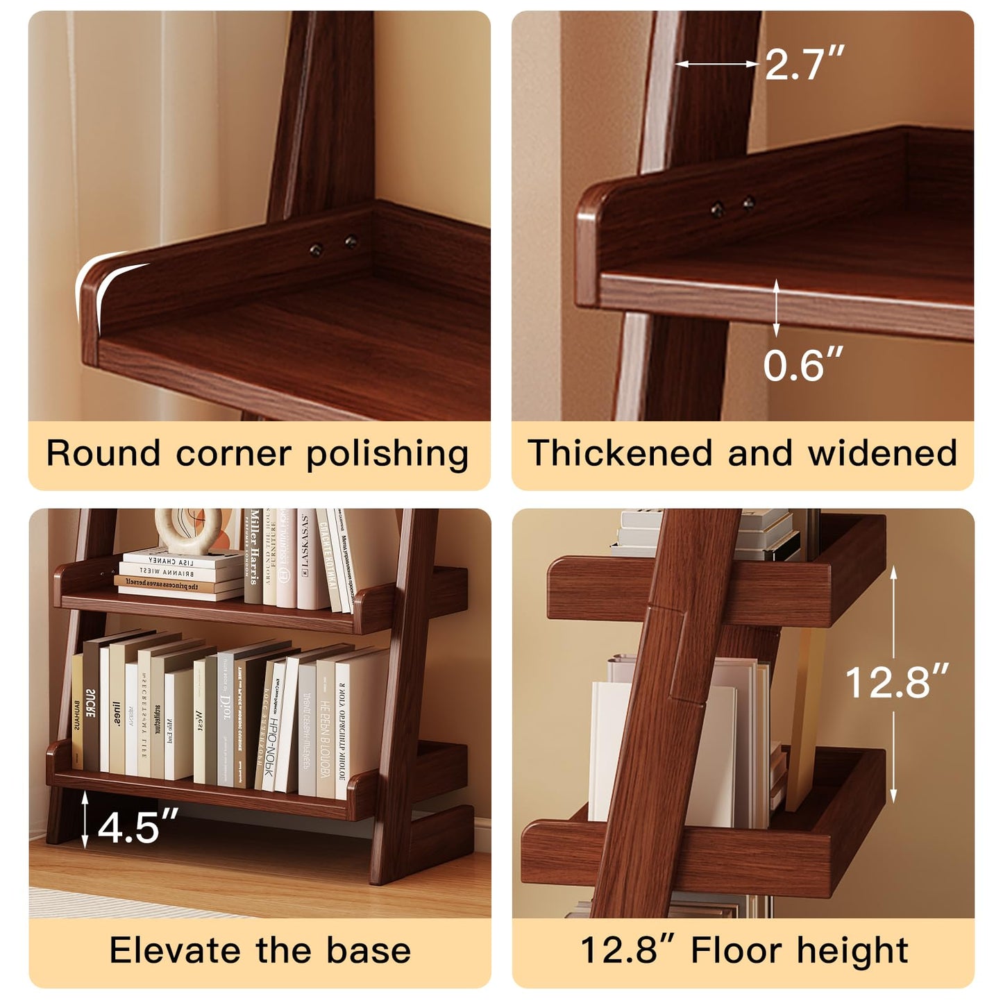 5 Tier Ladder Shelf, Leaning Bookshelf with Wood Frame, 5 Shelf Tall Bookcase Standing Storage Organizer Solid Wood Storage Shelves for Living Room, Bedroom, Home Office (Walnut)
