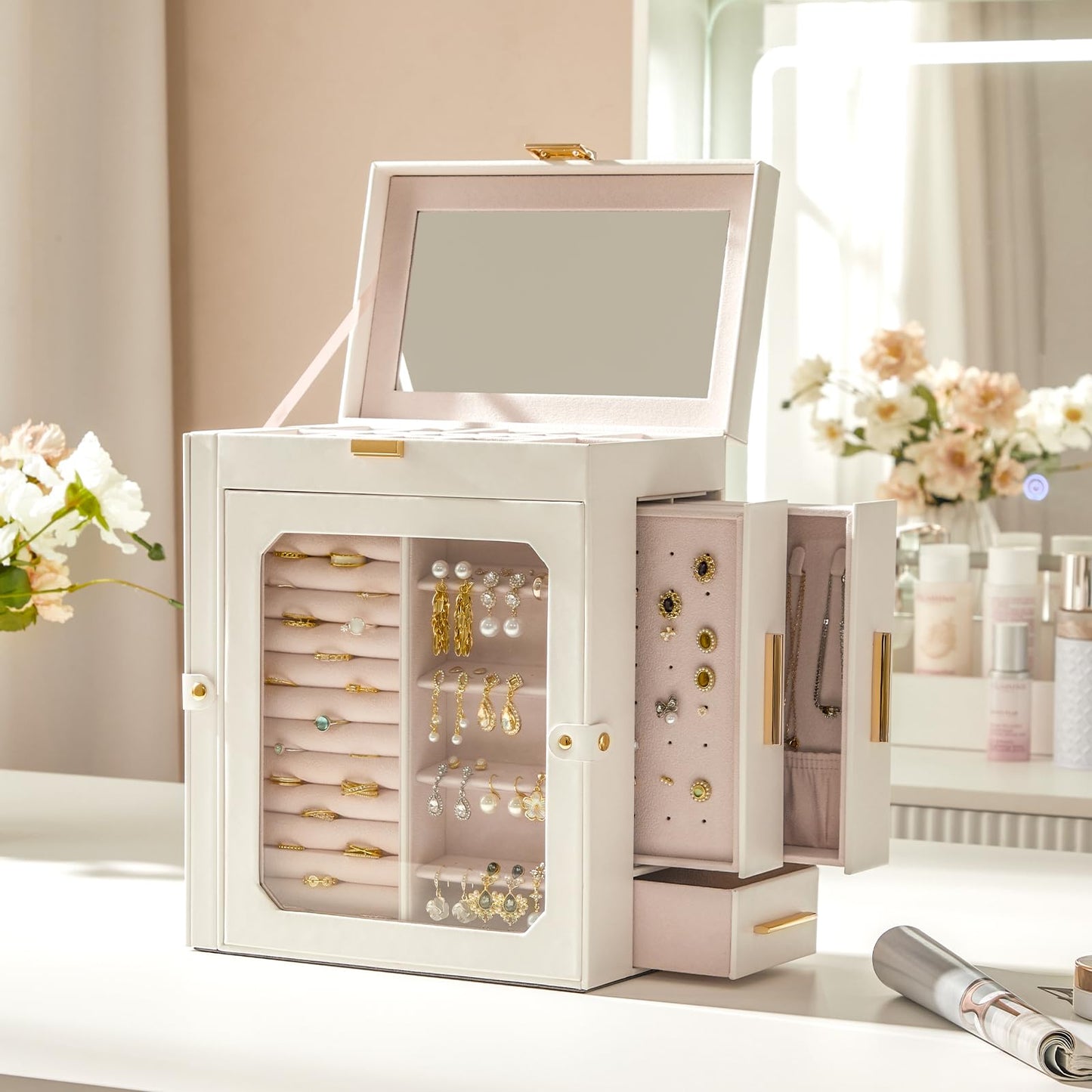 HOOBRO Jewelry Box with Mirror, Travel Jewelry Organizer with Glass Window and 360° Rotating Jewelry Box, Wooden Jewelry Organizer Bundle, WT03JB04G2-BH30JB04