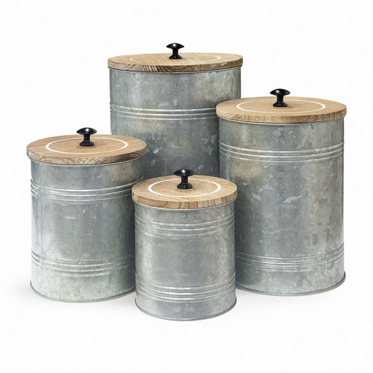 MODE HOME Galvanized Metal Kitchen Canister Set of 4 with Wooden Lids, Rustic Farmhouse Storage Buckets with Spangle Finish for Coffee, Tea, Snacks, Herb Planters & Beverage Tubs