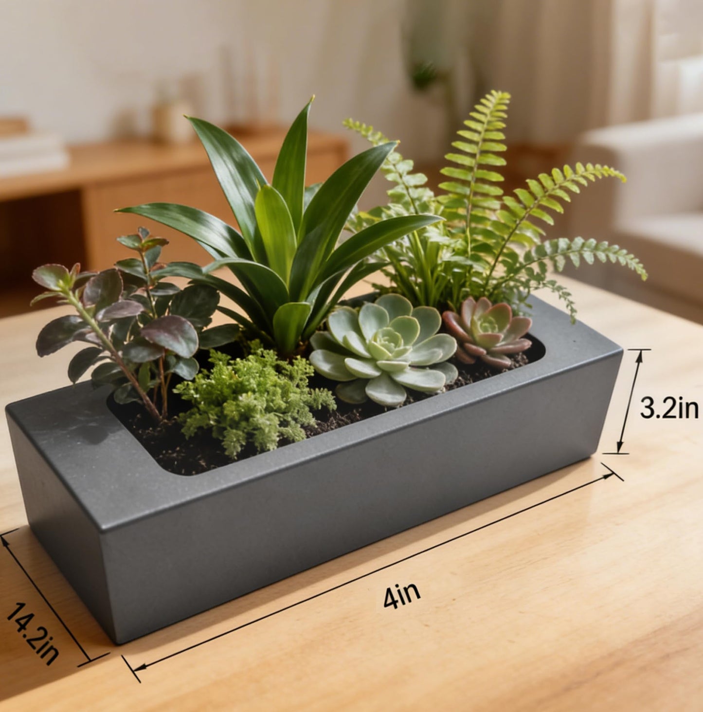 XIKENGSHQ Sleek Oblong Faux Succulent Arrangement – Rectangular Planter for Indoor/Outdoor – Lightweight, Shatterproof – Modern Greenery Décor to Elevate Home & Garden Surfaces (Excludes Plants) Gray