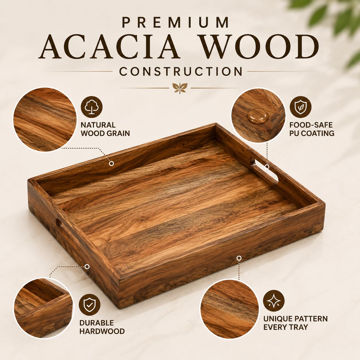 WEBHUSHI Acacia and Mango Wood Serving Tray, 14 x 10 Inches, Brown, 1.5
