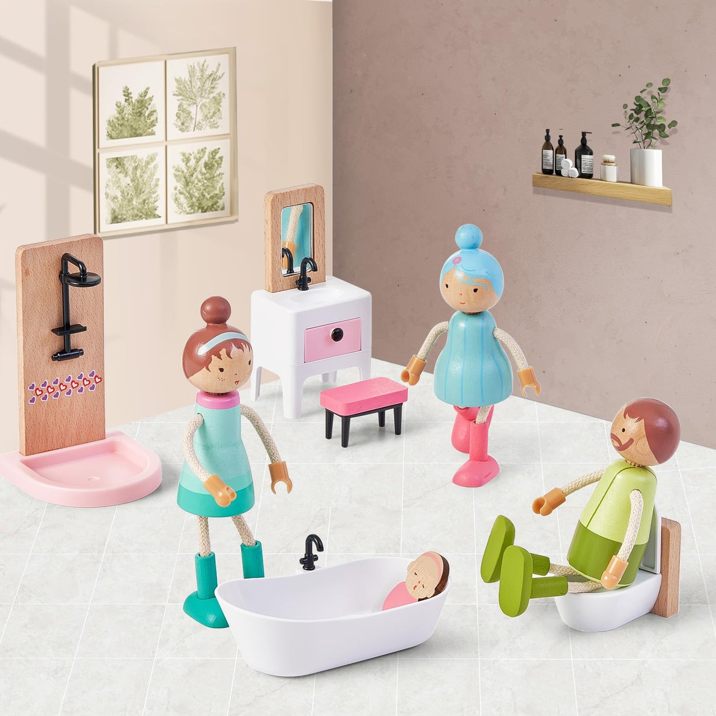 Giant bean 36pcs Wooden Dollhouse Furniture Set with Dolls for 5 Rooms, Wood & Plastic Pink Dollhouse Accessories Pretend Play Furniture Toy Christmas Birthday Gift Toy for Kids Boys Girls Toddler 3+