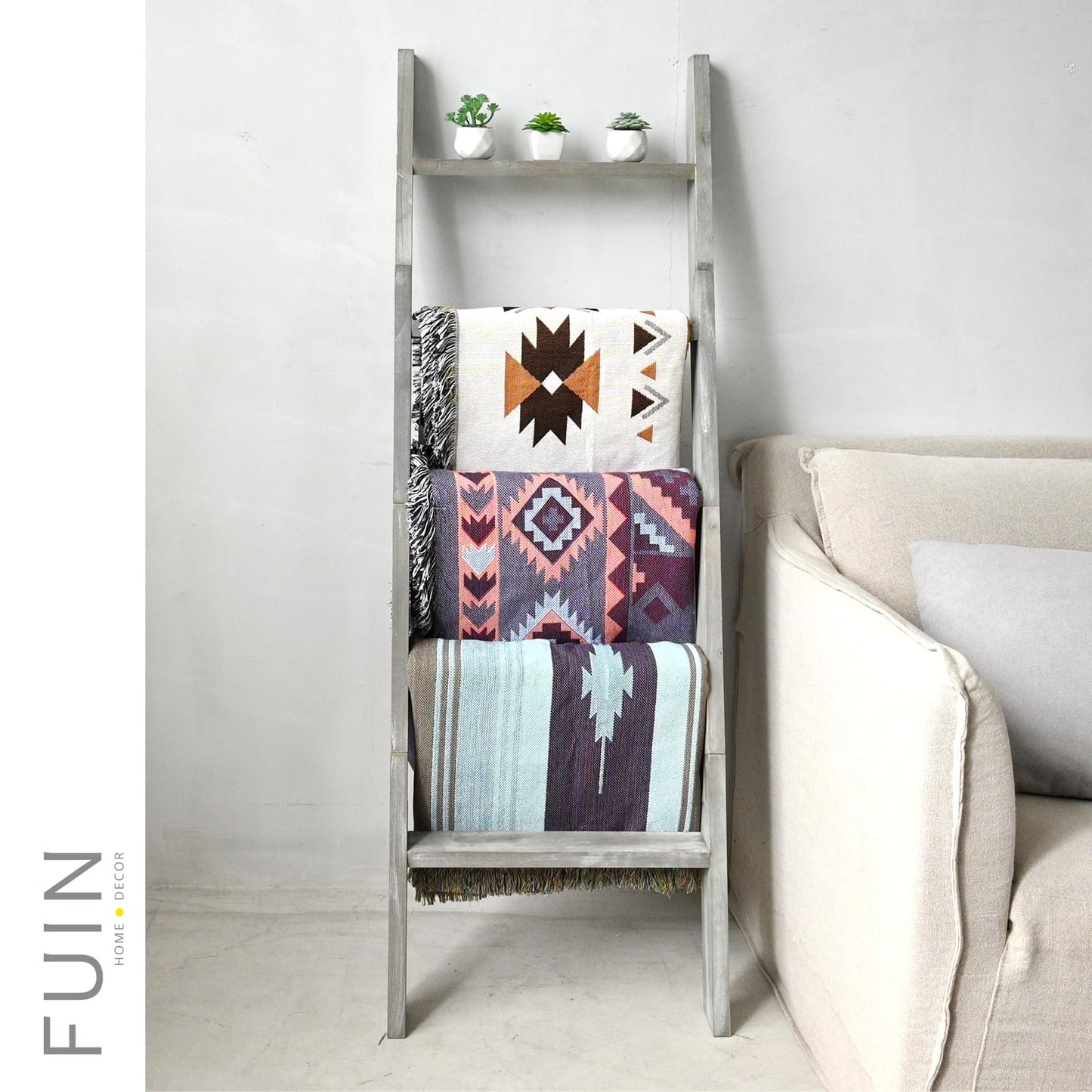 FUIN 5ft (58") Wood Blanket Ladder Living Room Decorative Wall Leaning Farmhouse Quilt Display Holder Shelf Rustic Wooden Towel Rack for Bathroom, Grey