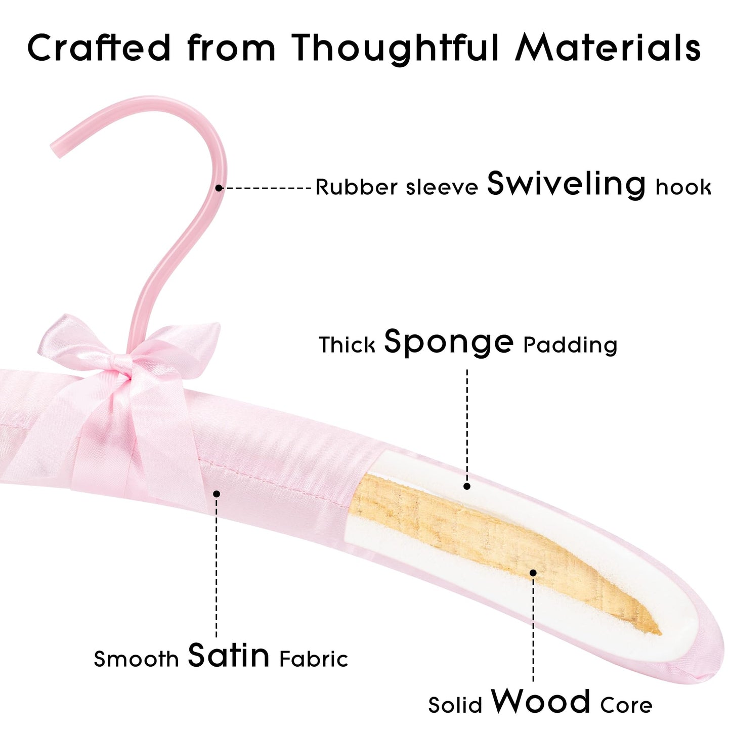 BUNCHBRAVO Women's Satin Padded Hangers – 15" Foam-Filled Wooden Clothes Hangers with No Shoulder Bumps, Bow Accent, for Sweaters, Blouses, Dresses – 5 Pack (Pink)